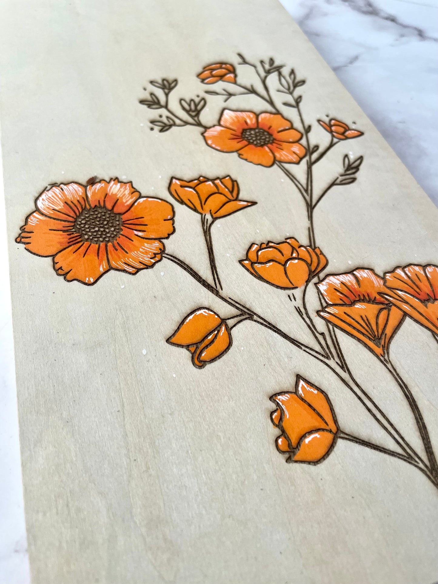 Orange Floral Wall Art: Hand-Painted & Engraved Wooden Canvas