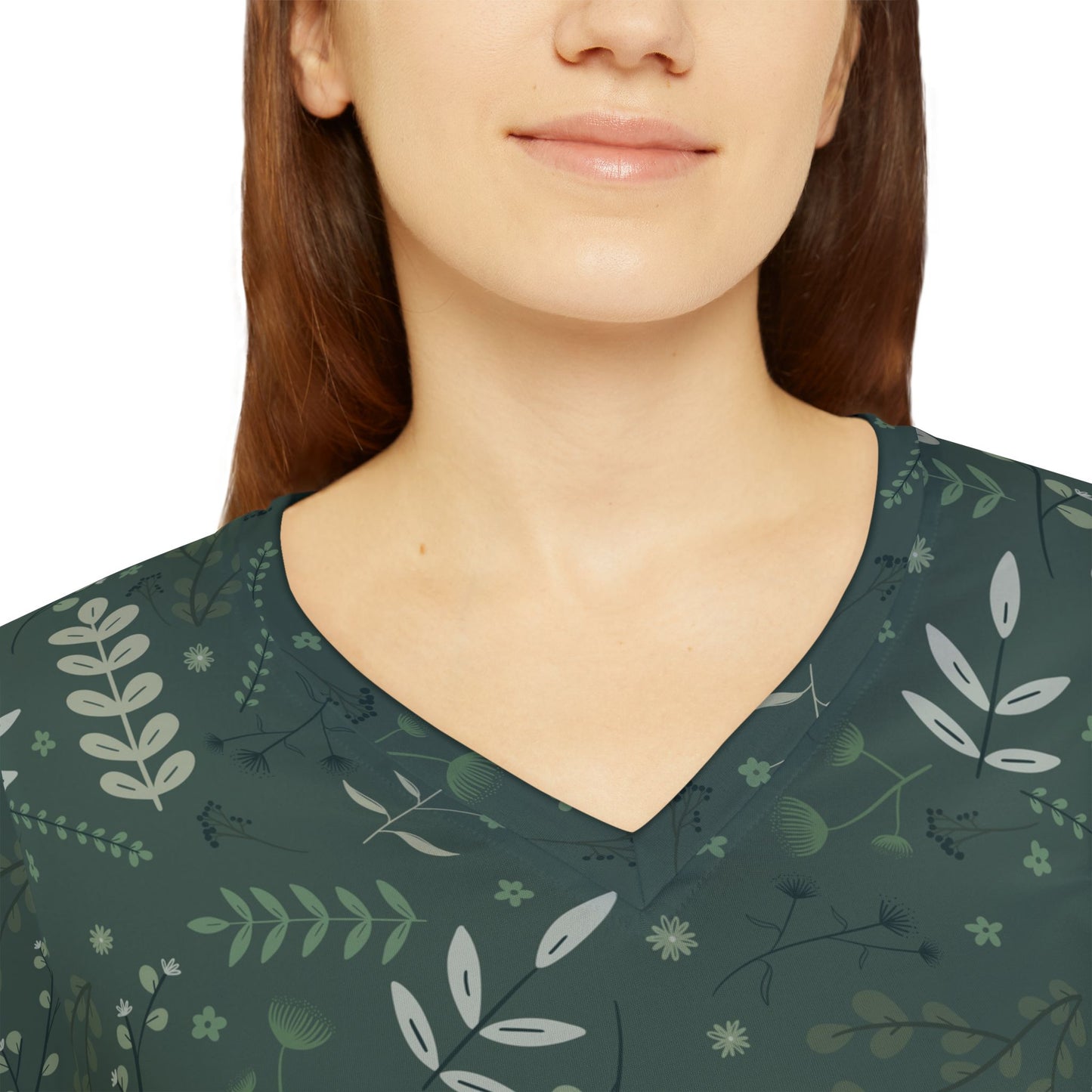 Botanical Print Women's Long Sleeve V-neck Shirt - Casual Green Top for Everyday Wear