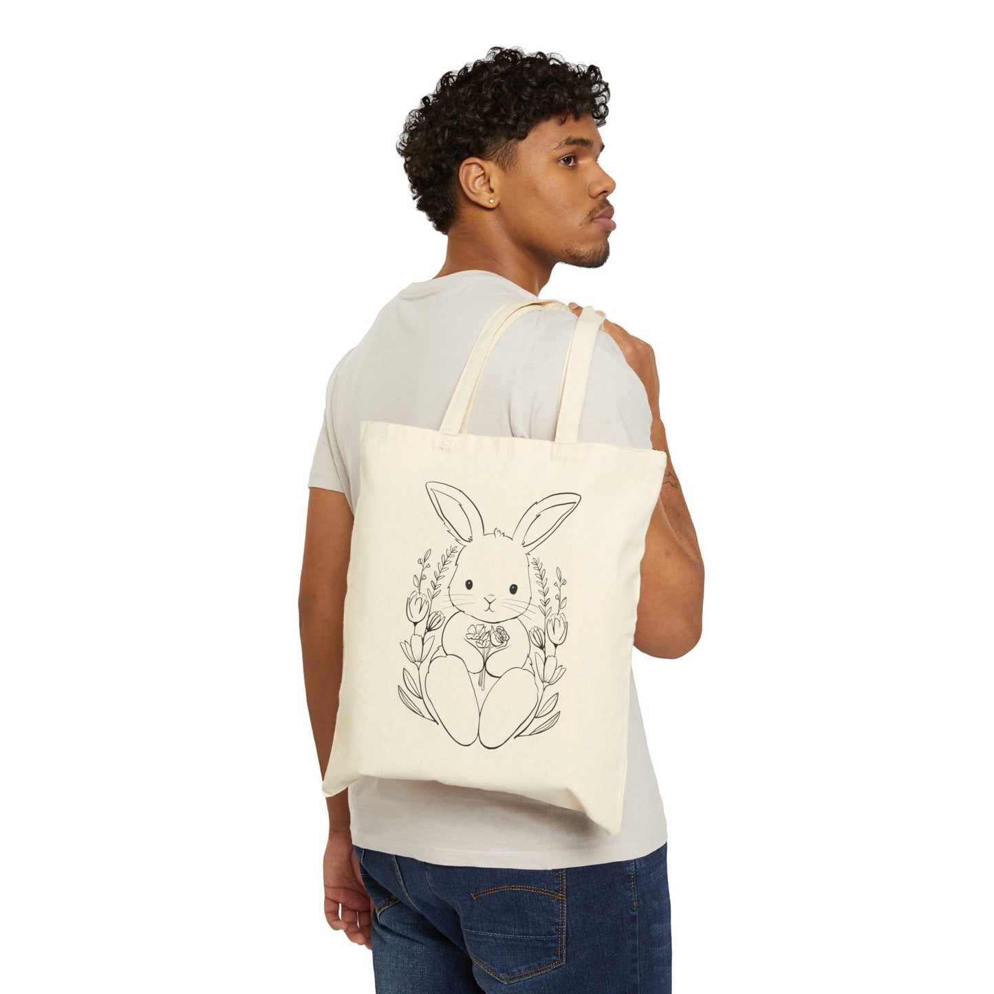 Easter Bunny Cotton Canvas Tote Bag - Cute Floral Design