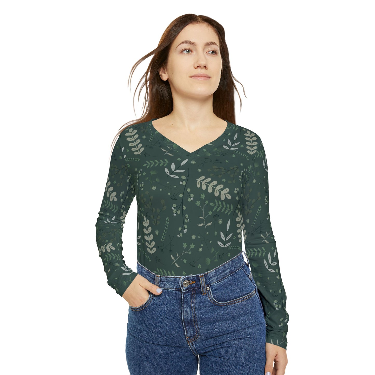 Botanical Print Women's Long Sleeve V-neck Shirt - Casual Green Top for Everyday Wear