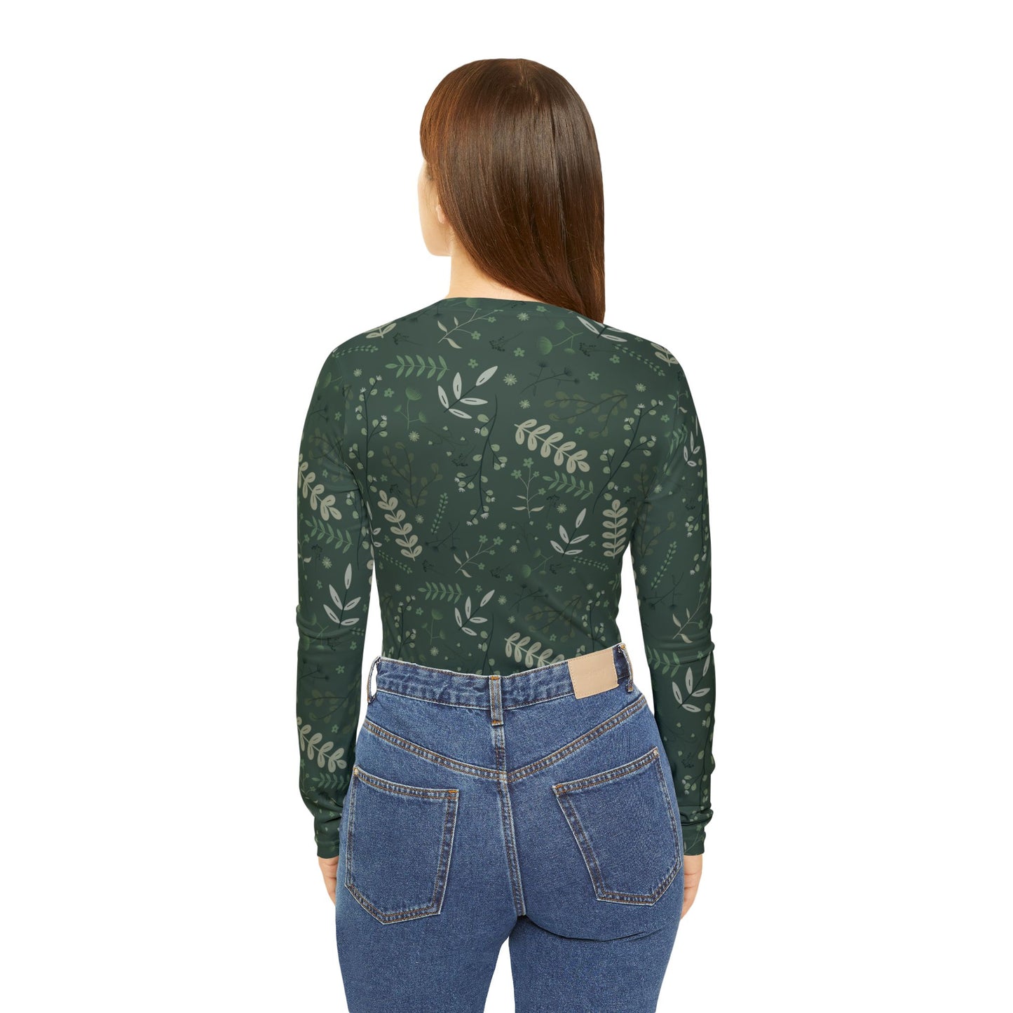 Botanical Print Women's Long Sleeve V-neck Shirt - Casual Green Top for Everyday Wear
