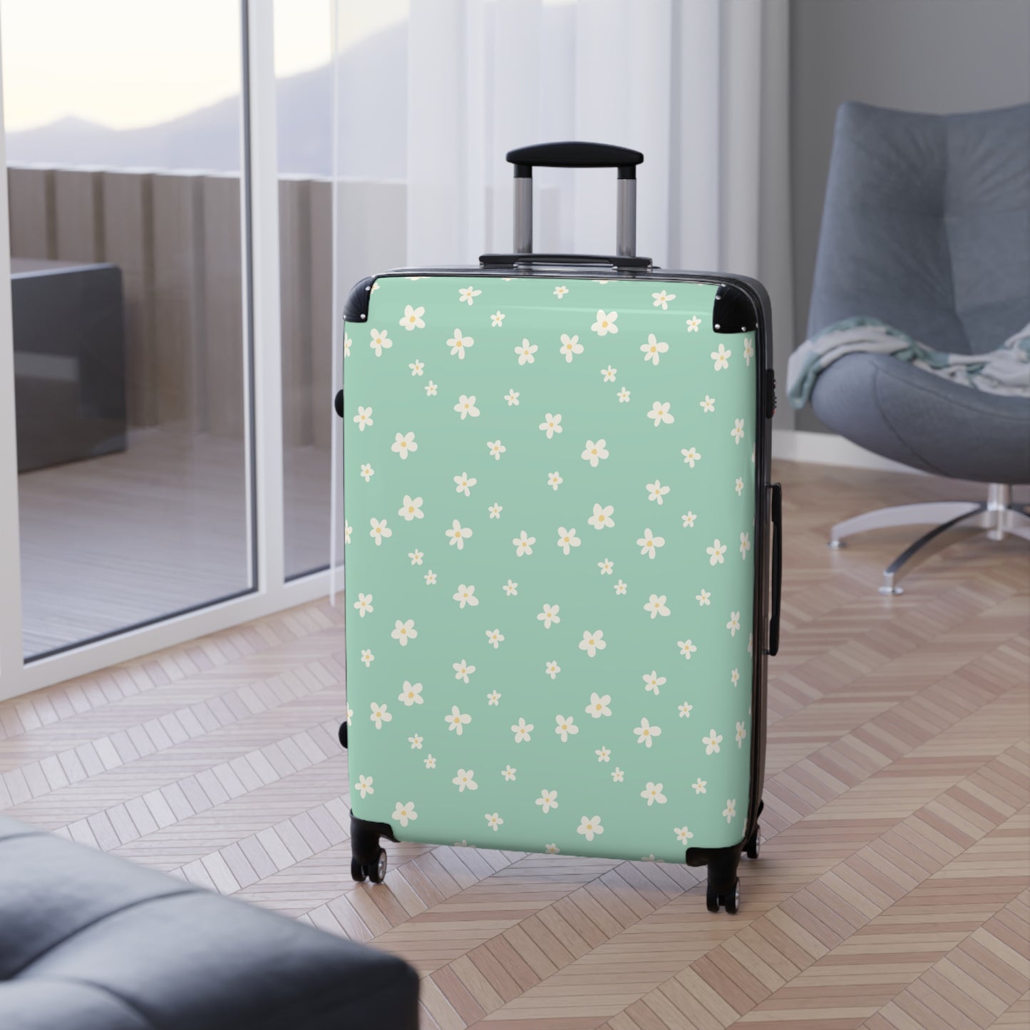 Sage Daisy Print Suitcase - Stylish Travel Luggage for Adventurers