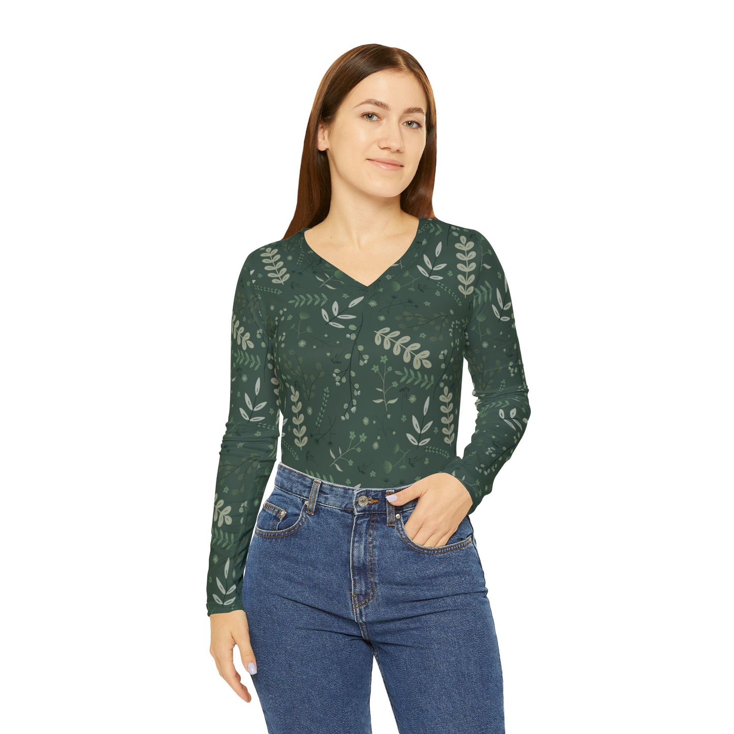 Botanical Print Women's Long Sleeve V-neck Shirt - Casual Green Top for Everyday Wear