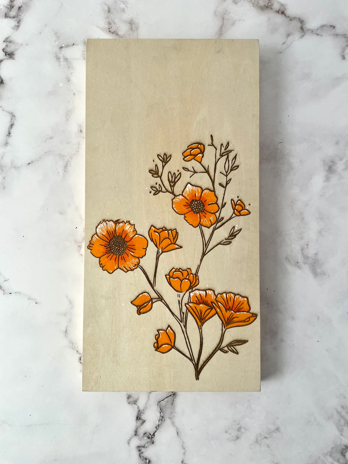 Orange Floral Wall Art: Hand-Painted & Engraved Wooden Canvas