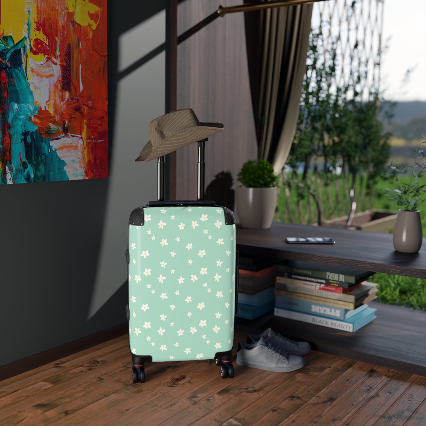 Sage Daisy Print Suitcase - Stylish Travel Luggage for Adventurers