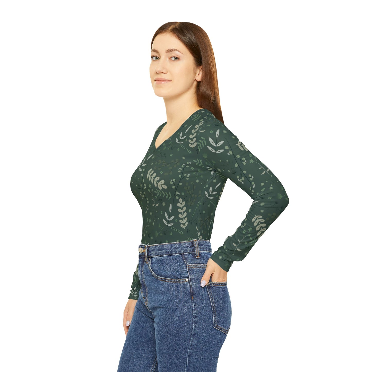 Botanical Print Women's Long Sleeve V-neck Shirt - Casual Green Top for Everyday Wear