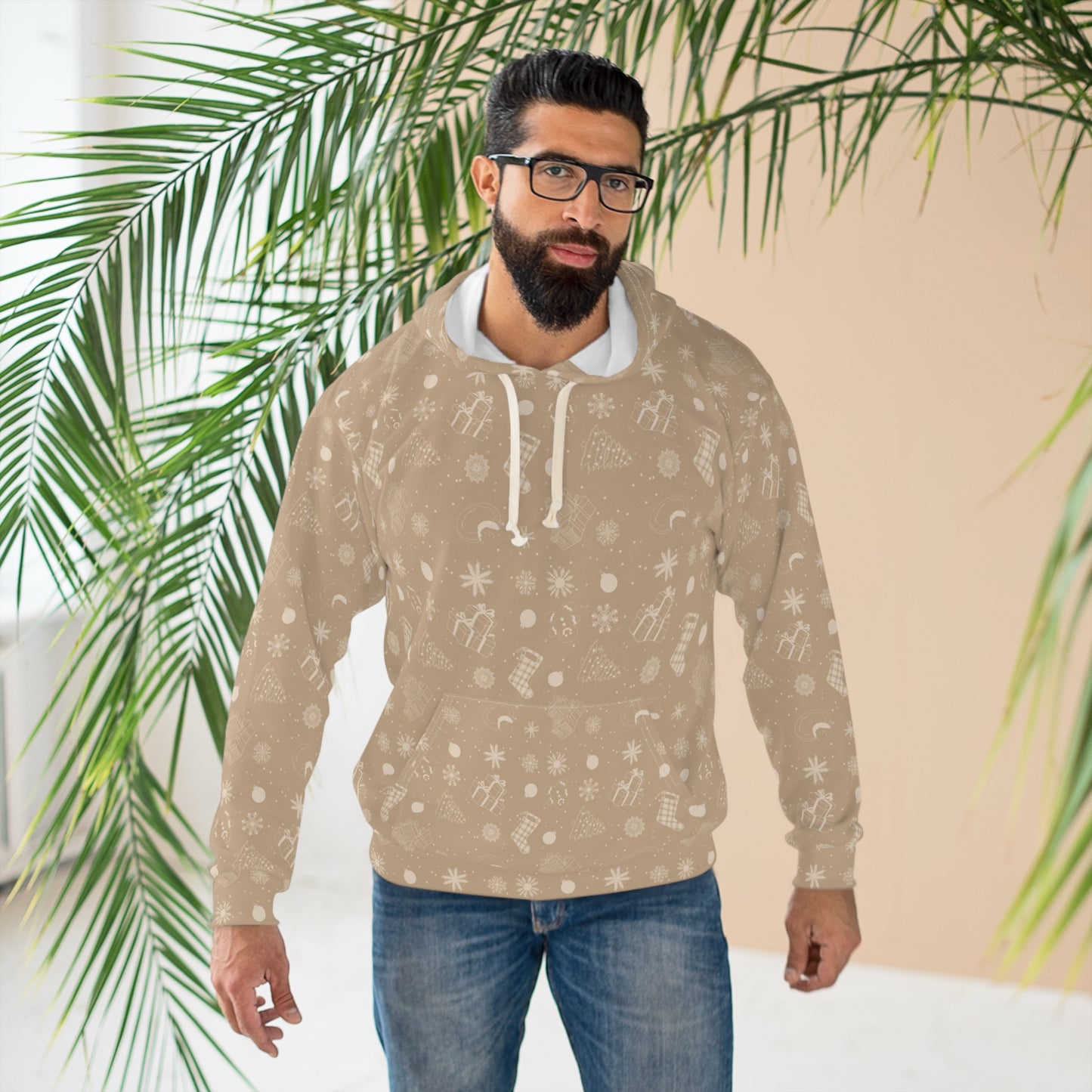 Beige Christmas - Cozy Winter Holiday Pullover Hoodie with Festive Print