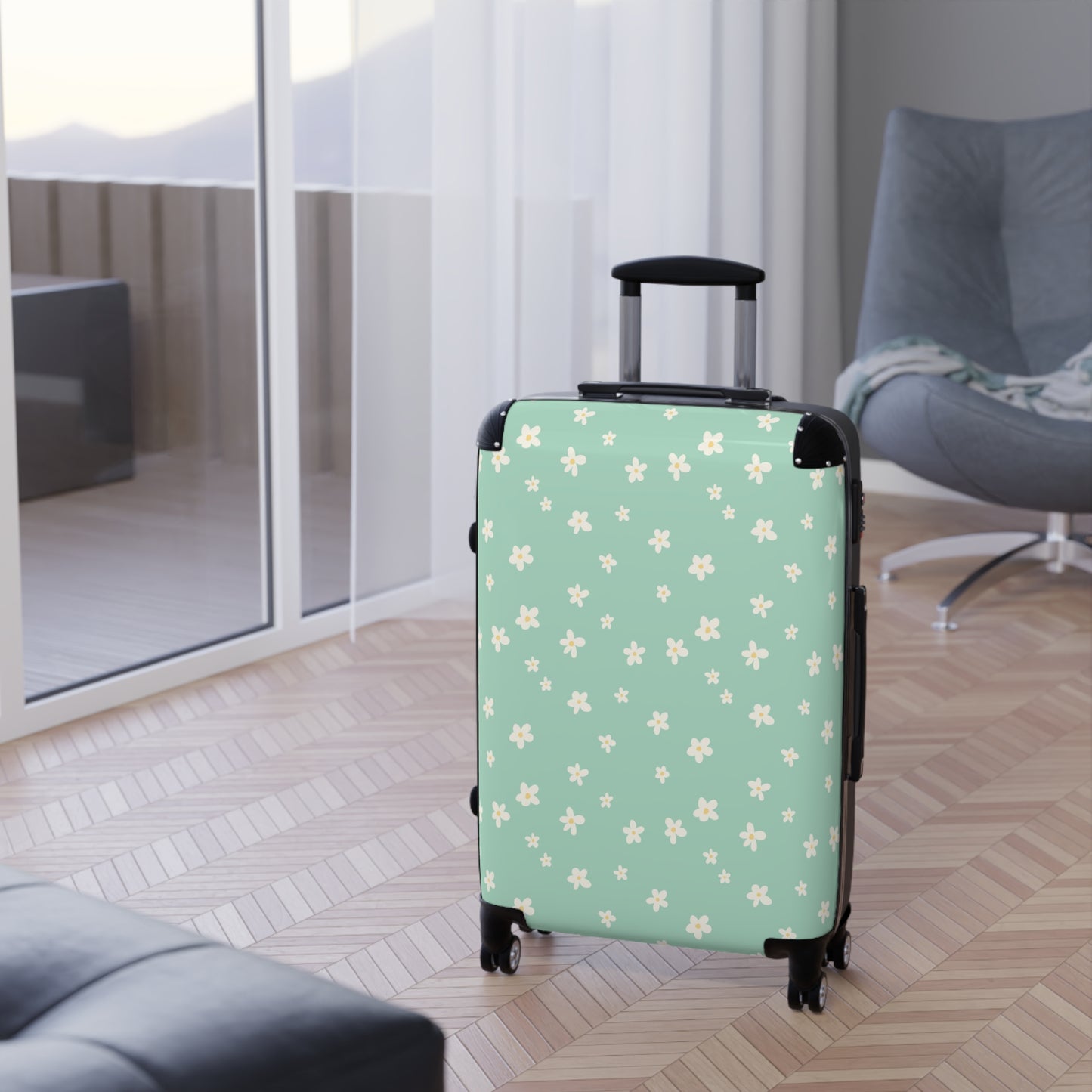 Sage Daisy Print Suitcase - Stylish Travel Luggage for Adventurers
