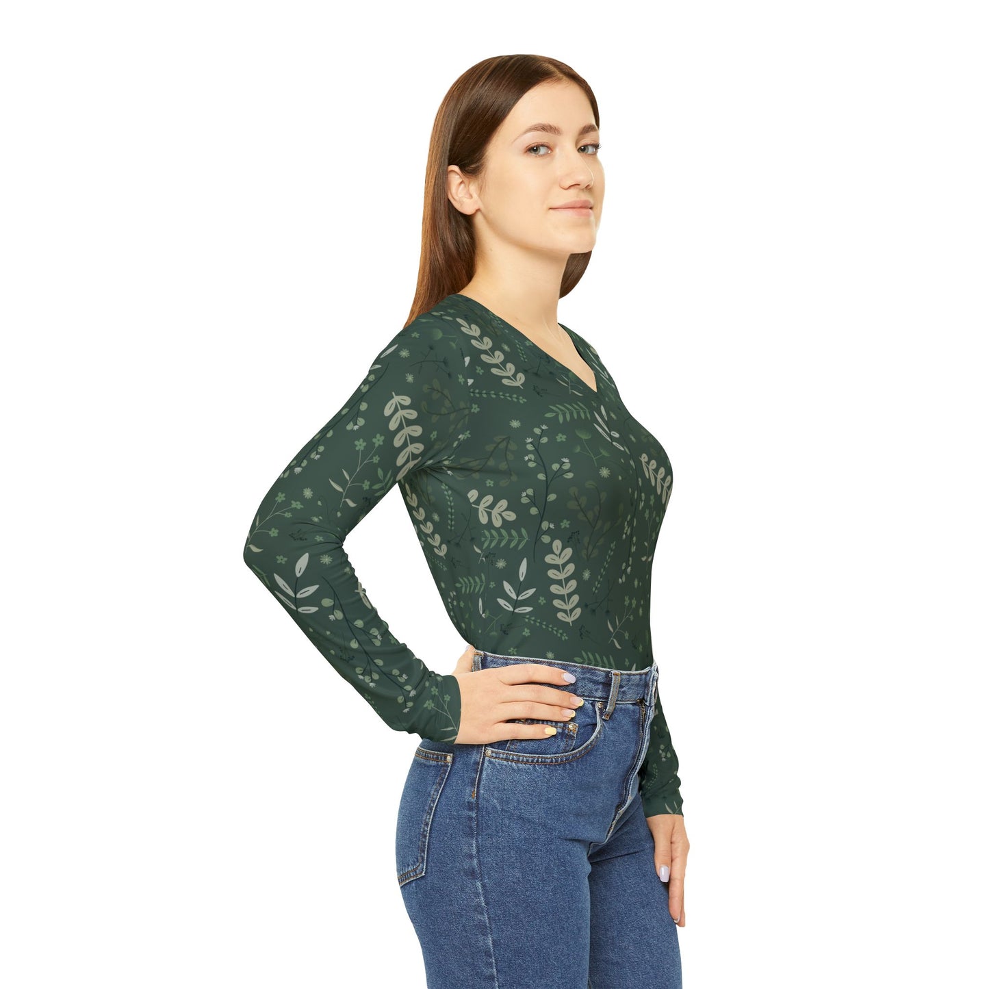 Botanical Print Women's Long Sleeve V-neck Shirt - Casual Green Top for Everyday Wear