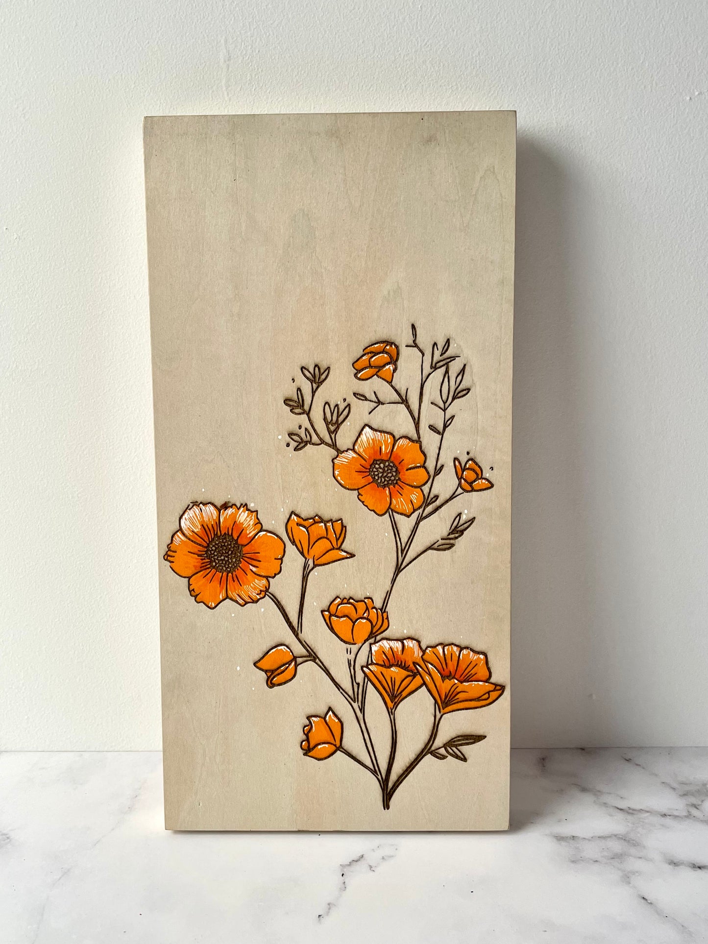 Orange Floral Wall Art: Hand-Painted & Engraved Wooden Canvas