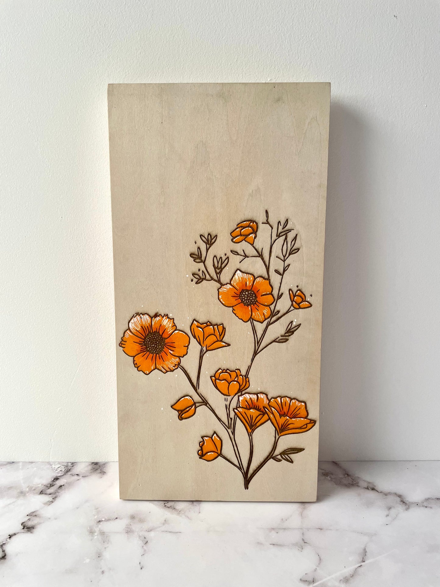 Orange Floral Wall Art: Hand-Painted & Engraved Wooden Canvas