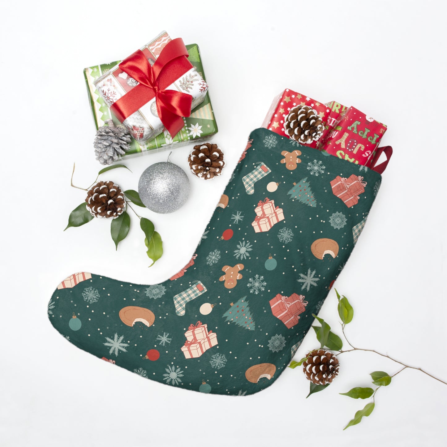 Festive Christmas Stocking with Gifts and Ornaments