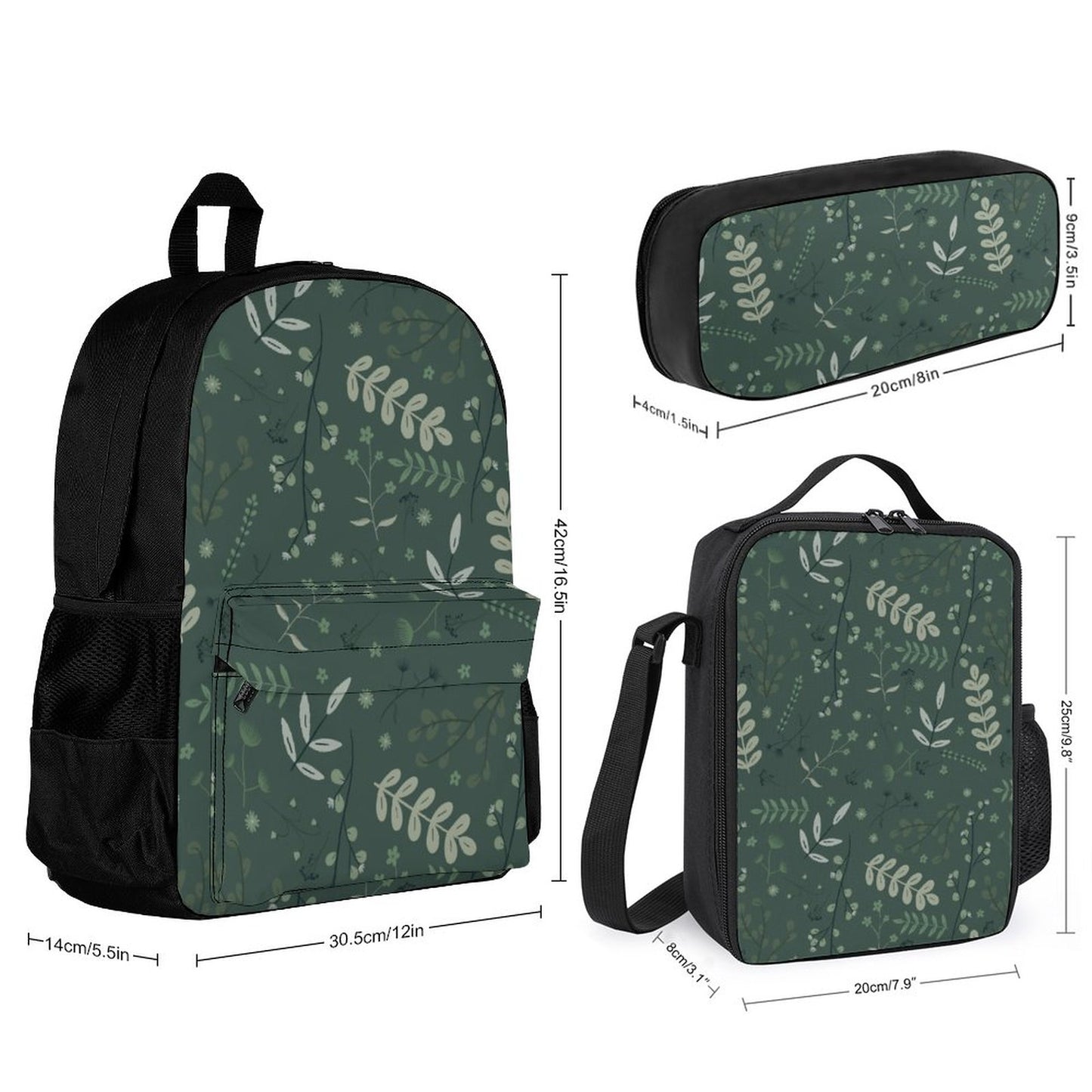 Set of 3 Bags (Backpack, Lunch Bag & Pencil Pouch) | Whispering Greens – Forest