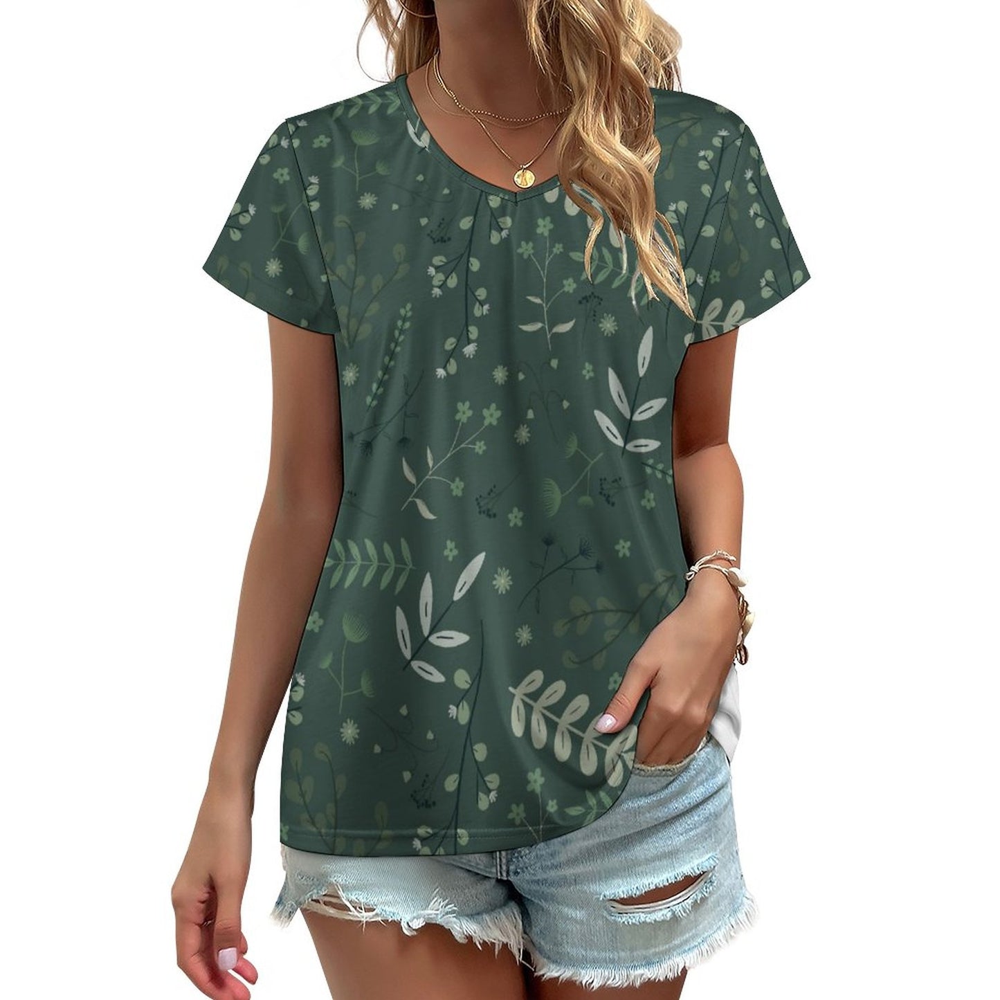 V-neck Short Sleeve T-Shirt | Whispering Greens – Forest