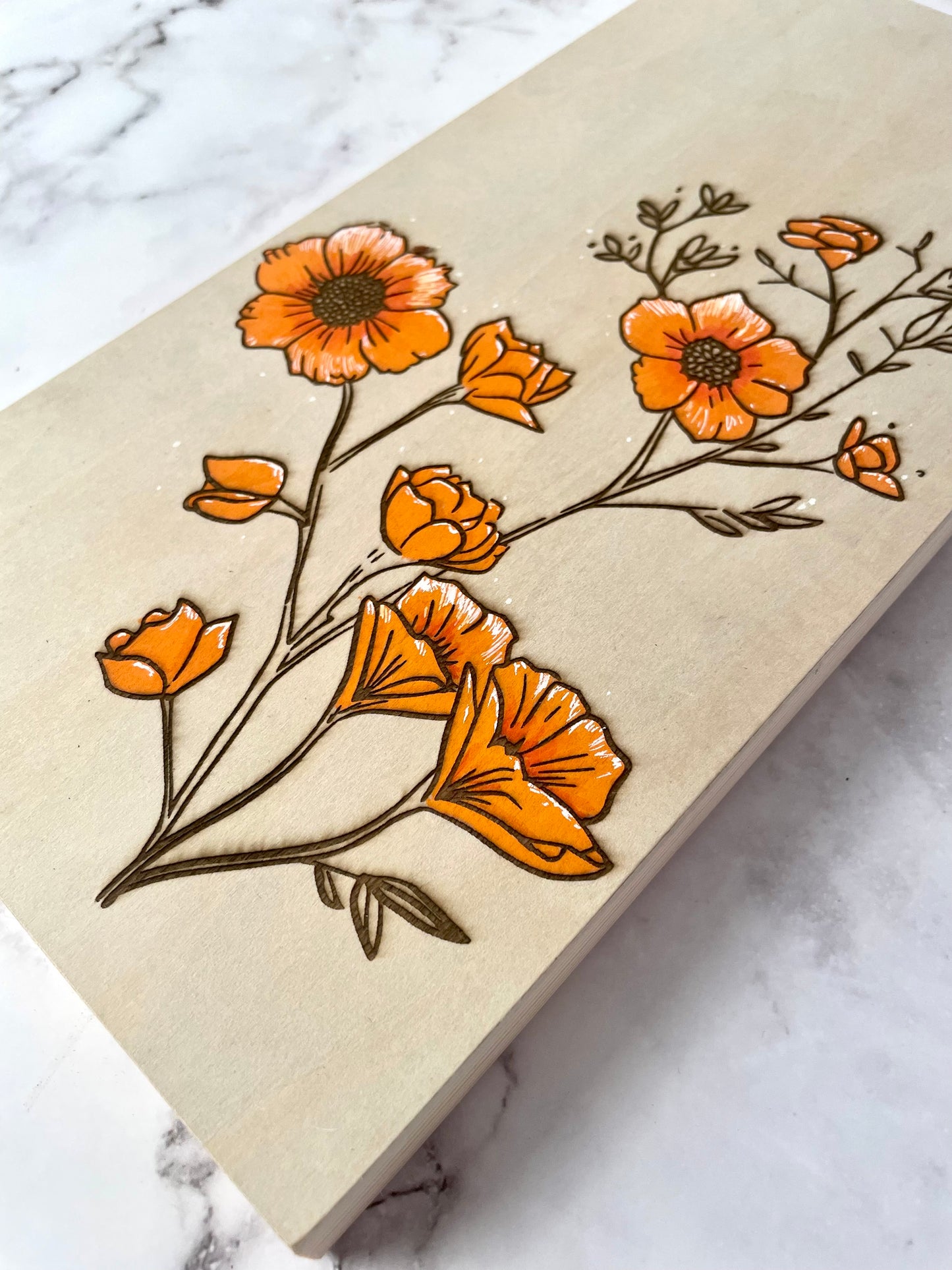 Orange Floral Wall Art: Hand-Painted & Engraved Wooden Canvas