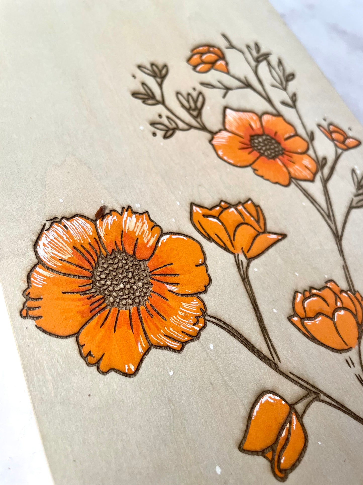 Orange Floral Wall Art: Hand-Painted & Engraved Wooden Canvas