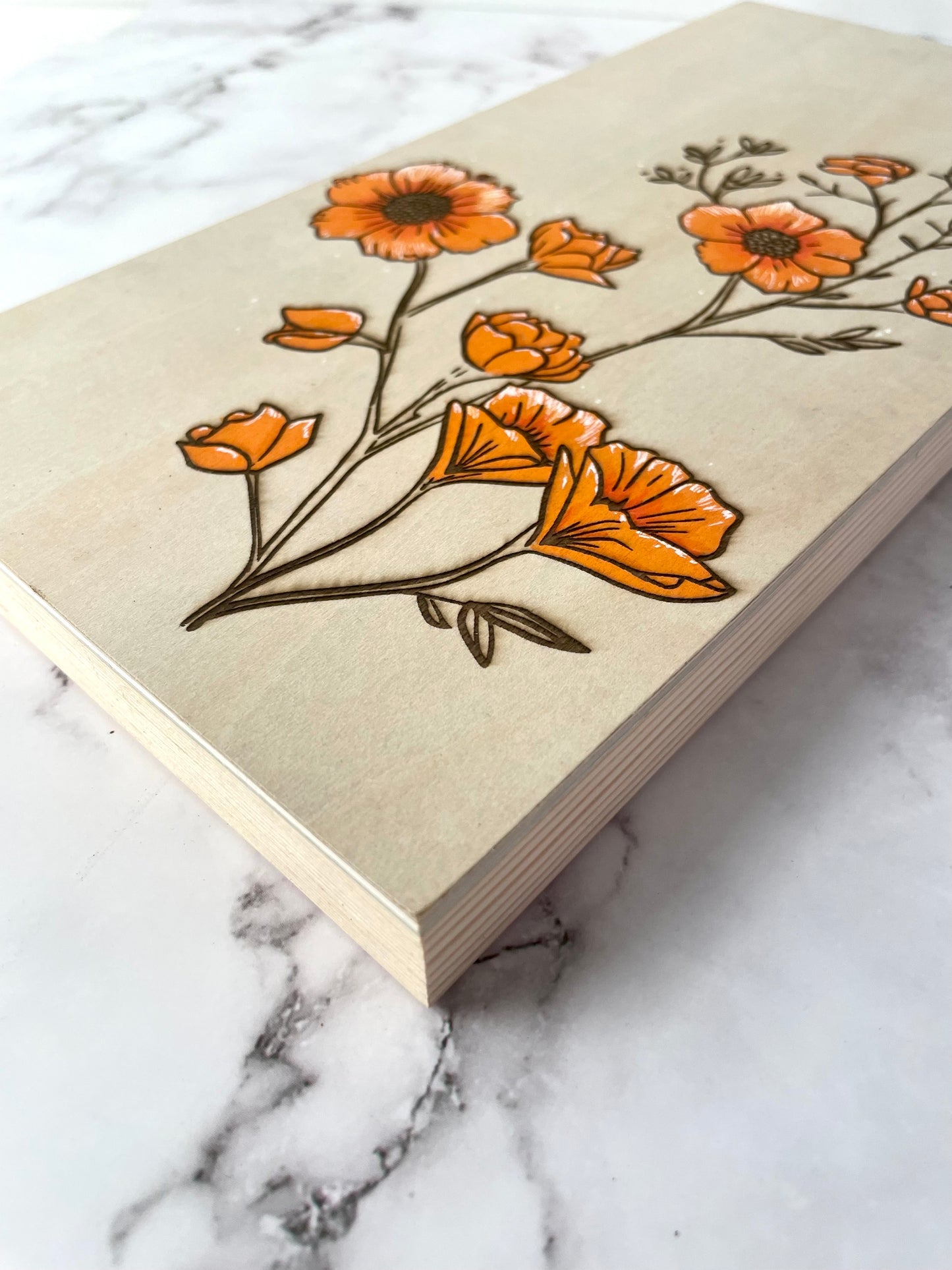 Orange Floral Wall Art: Hand-Painted & Engraved Wooden Canvas