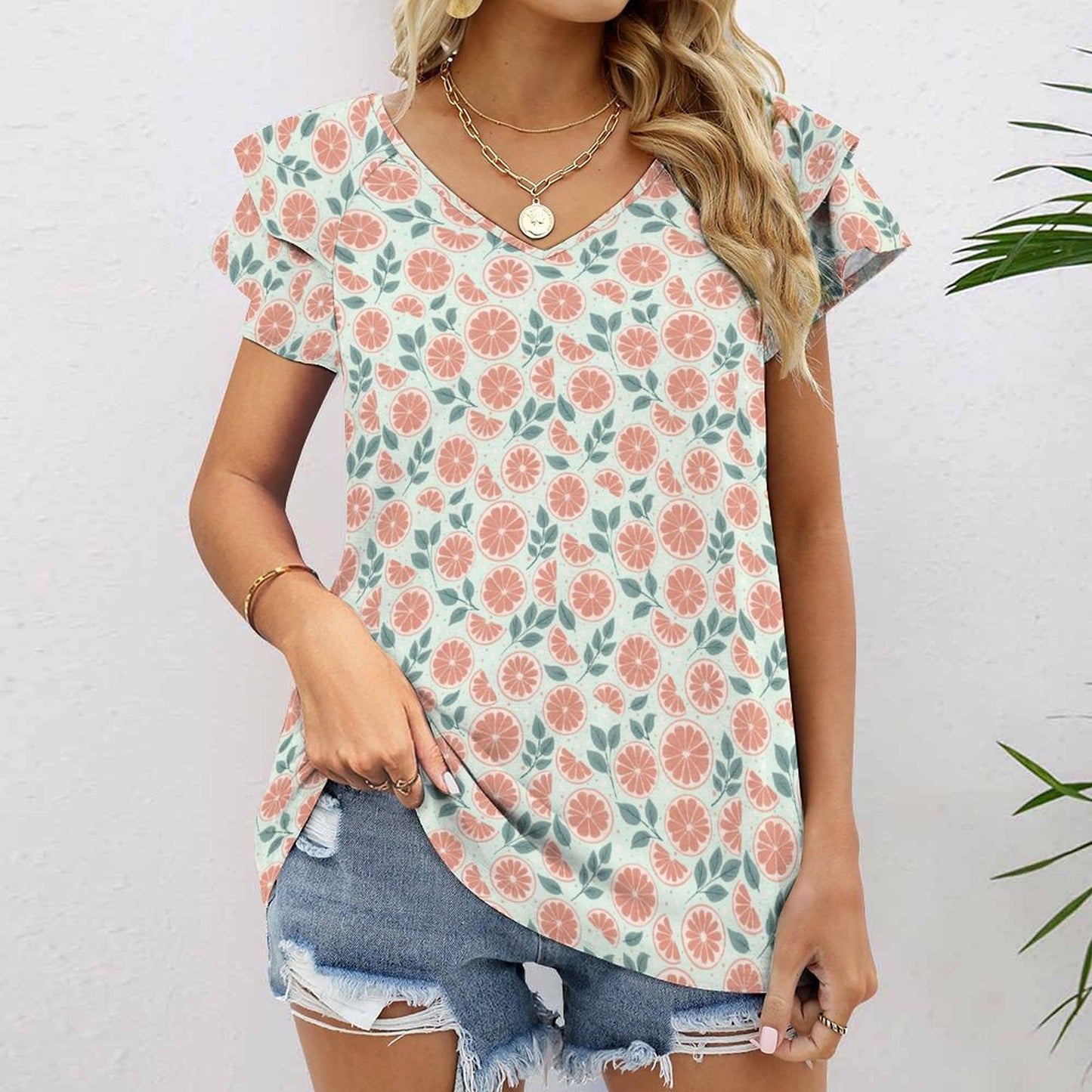 Ruffle V-Neck T-Shirt - Ruby Darling