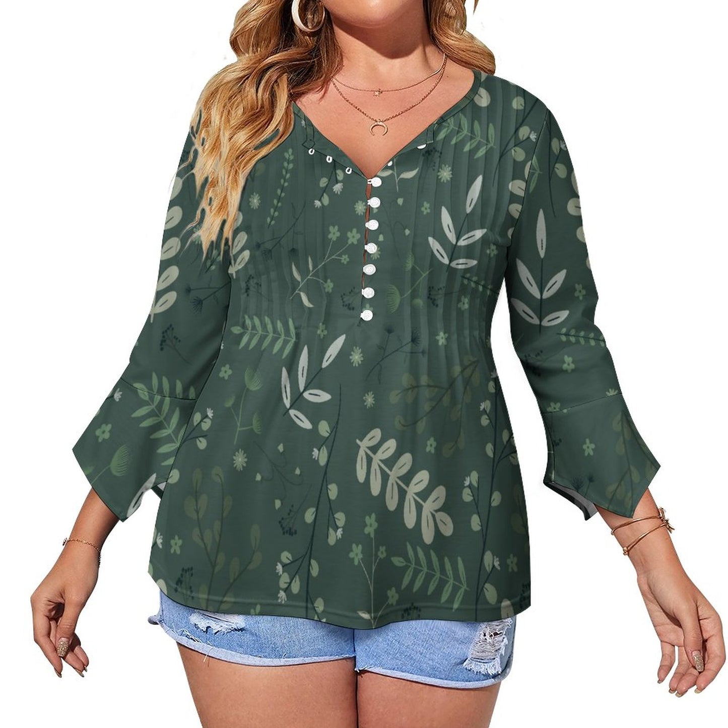 V-neck Women Top with Quarter Sleeve | Whispering Greens – Forest