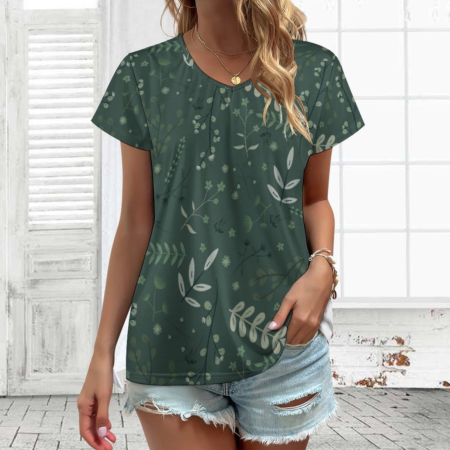 V-neck Short Sleeve T-Shirt | Whispering Greens – Forest