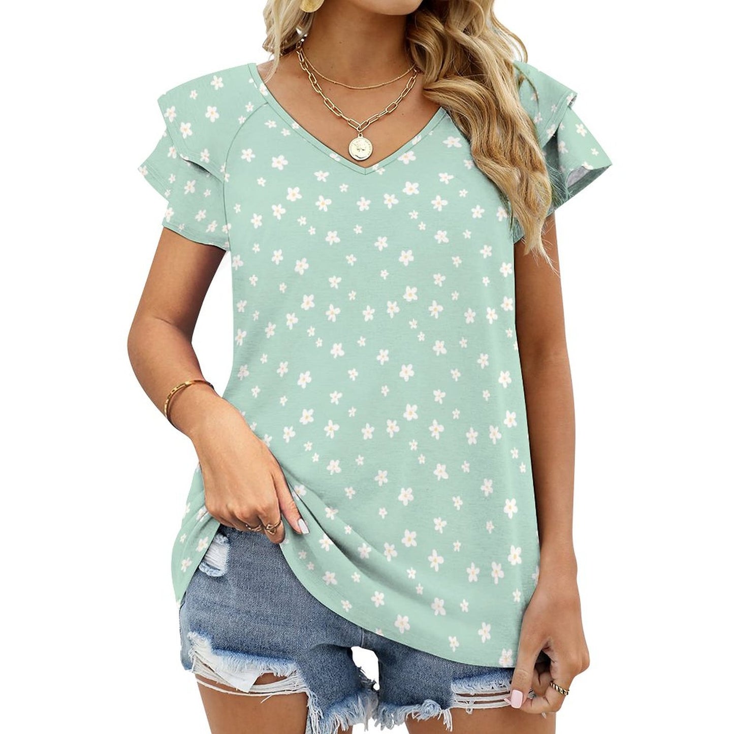 Ruffle V-Neck T-Shirt BUT (All-Over Printing)