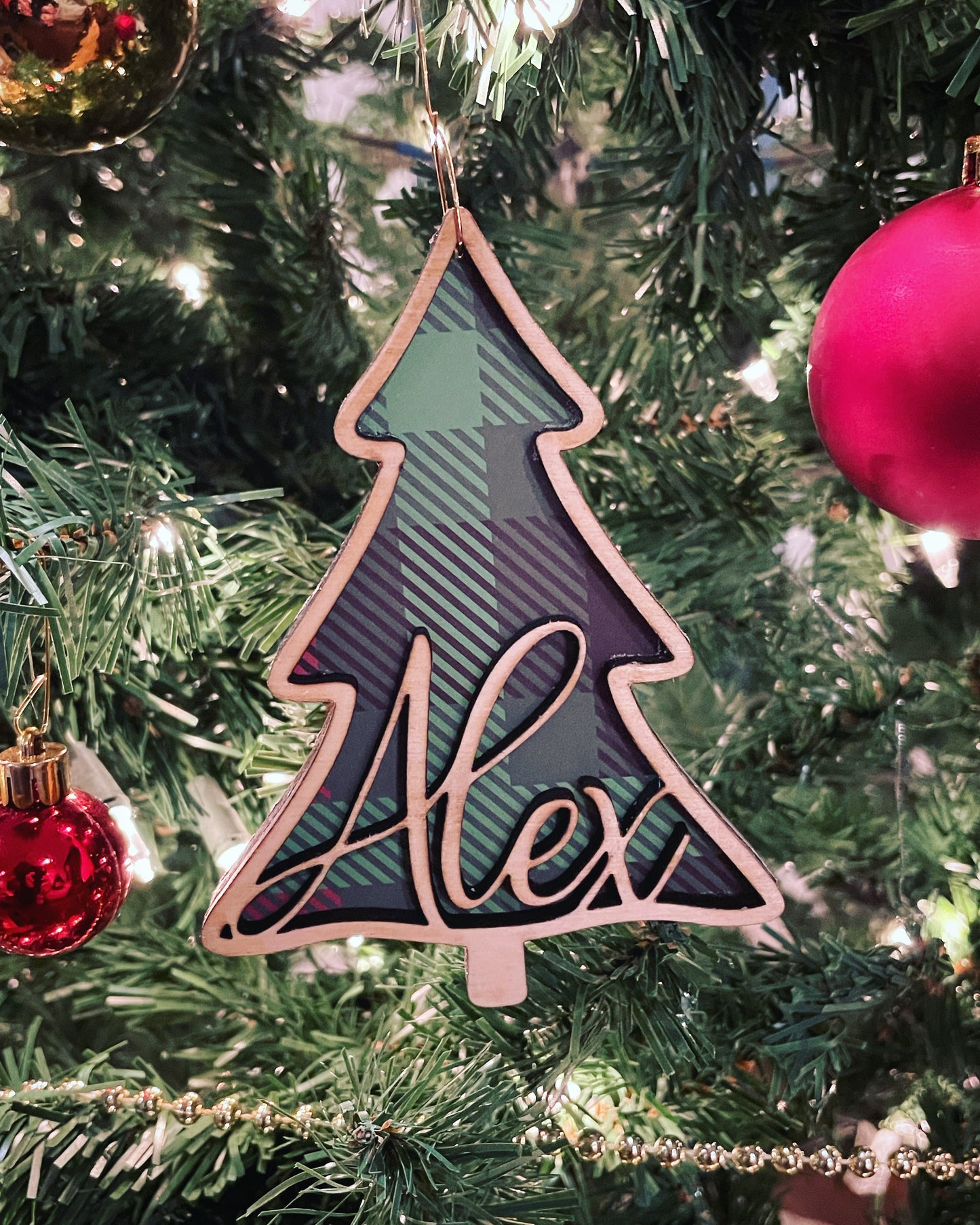 Personalized Christmas Tree Ornament with Cozy Plaid Interior