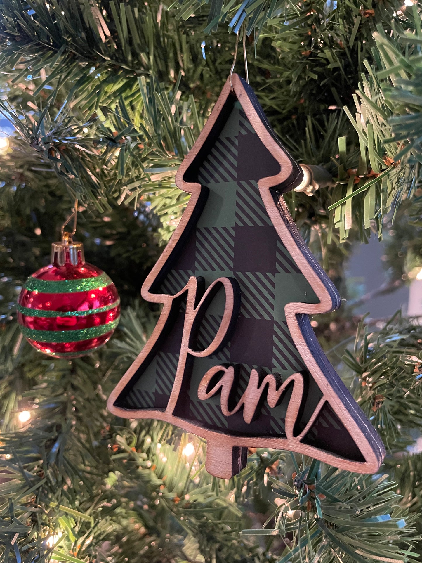 Personalized Christmas Tree Ornament with Cozy Plaid Interior