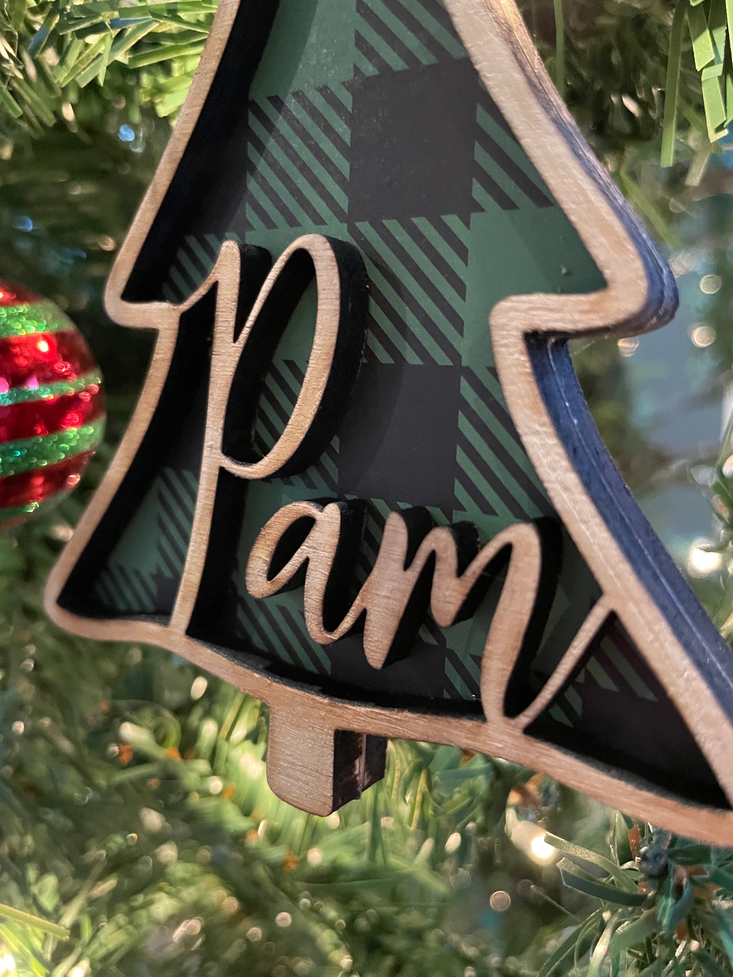 Personalized Christmas Tree Ornament with Cozy Plaid Interior