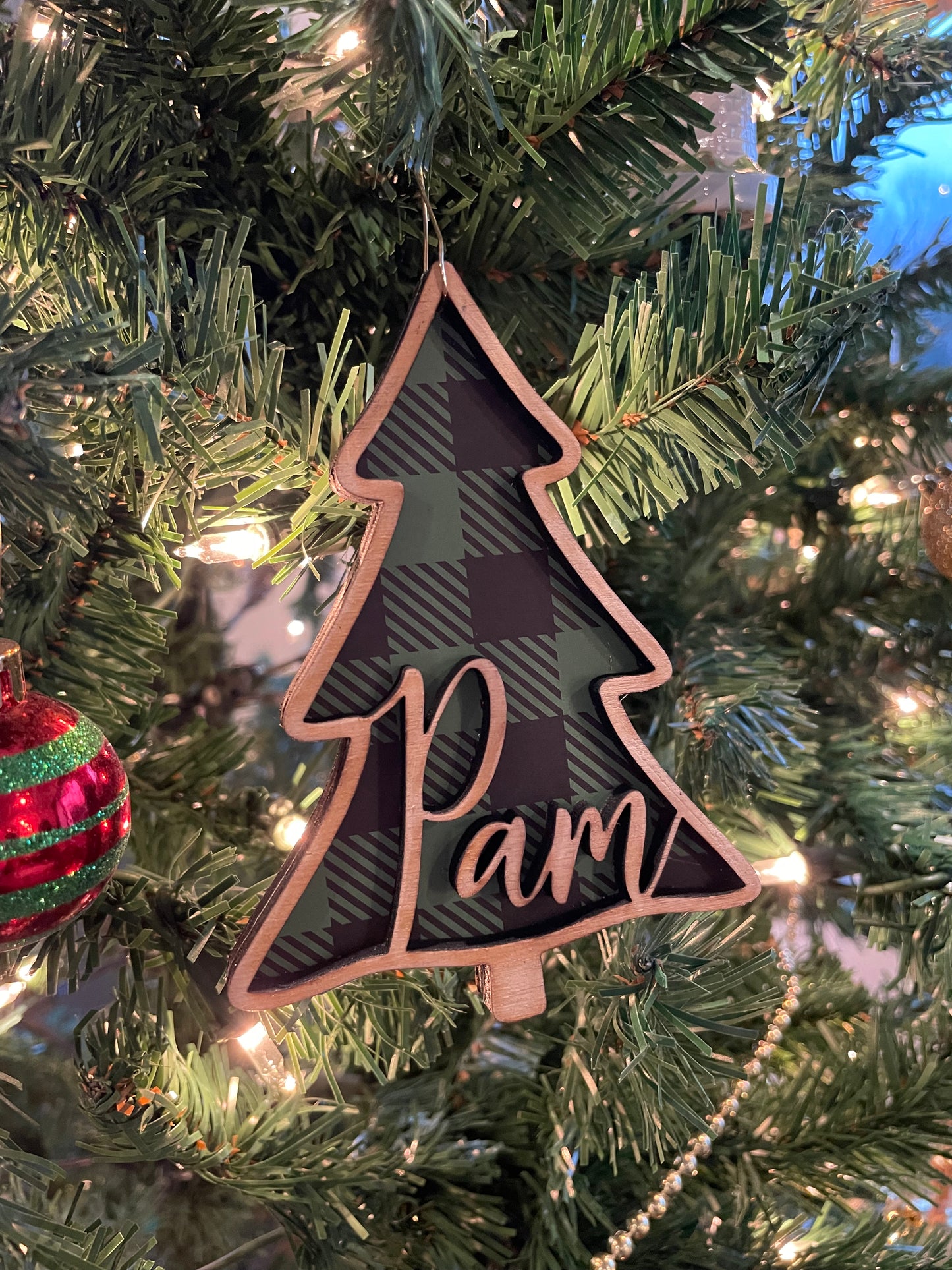 Personalized Christmas Tree Ornament with Cozy Plaid Interior