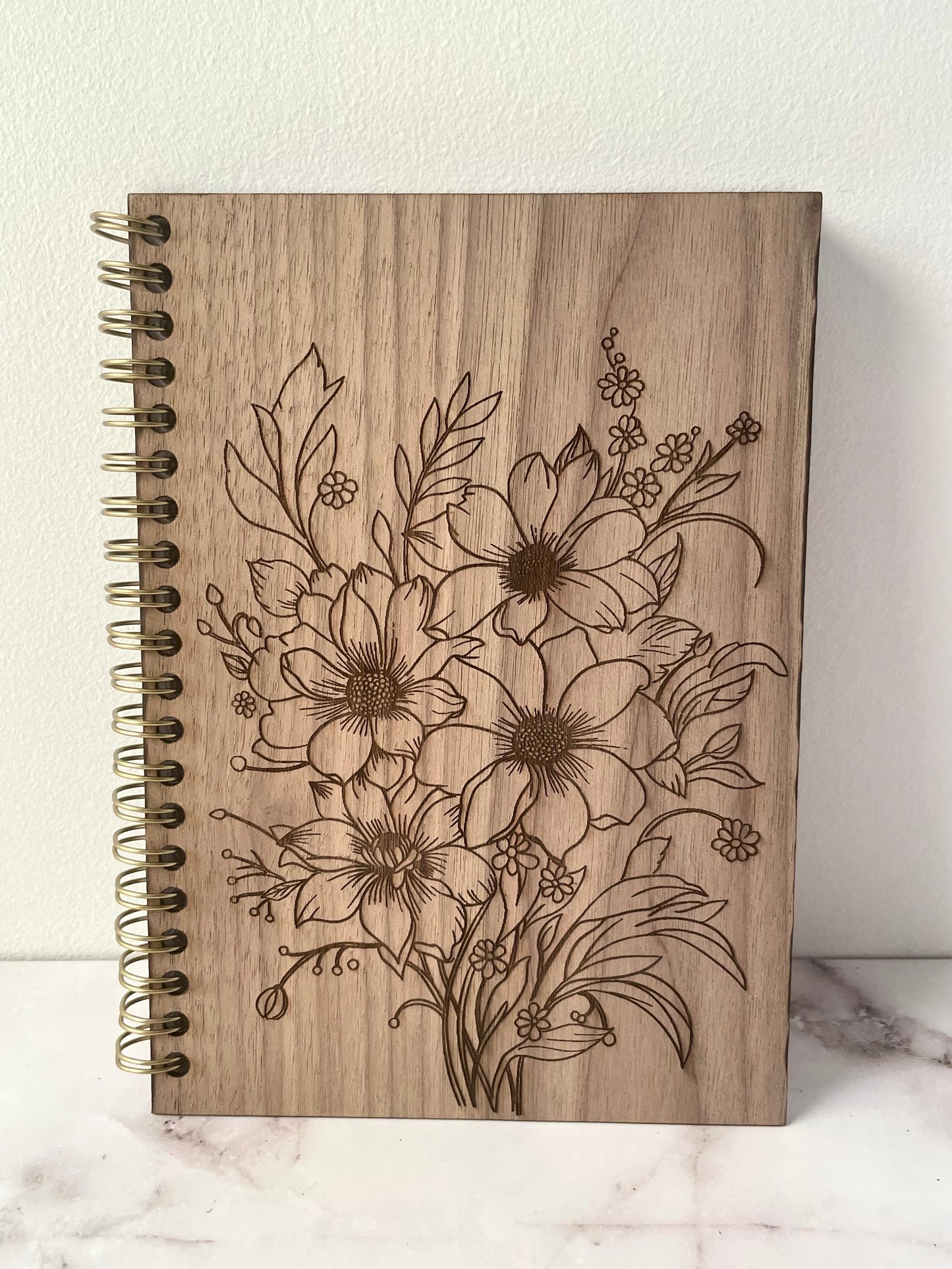 Handcrafted Solid Walnut Wood Cover Spiral Notebook with Floral Drawing 5x7 100 sheet