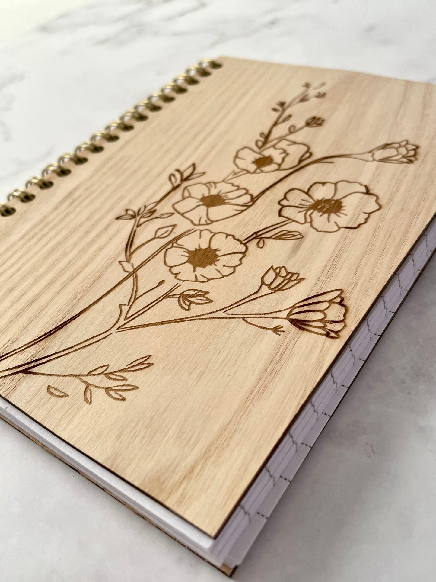 Handcrafted Solid Alder Wood Cover Spiral Notebook with Floral Drawing, 5x7, 100 Sheets