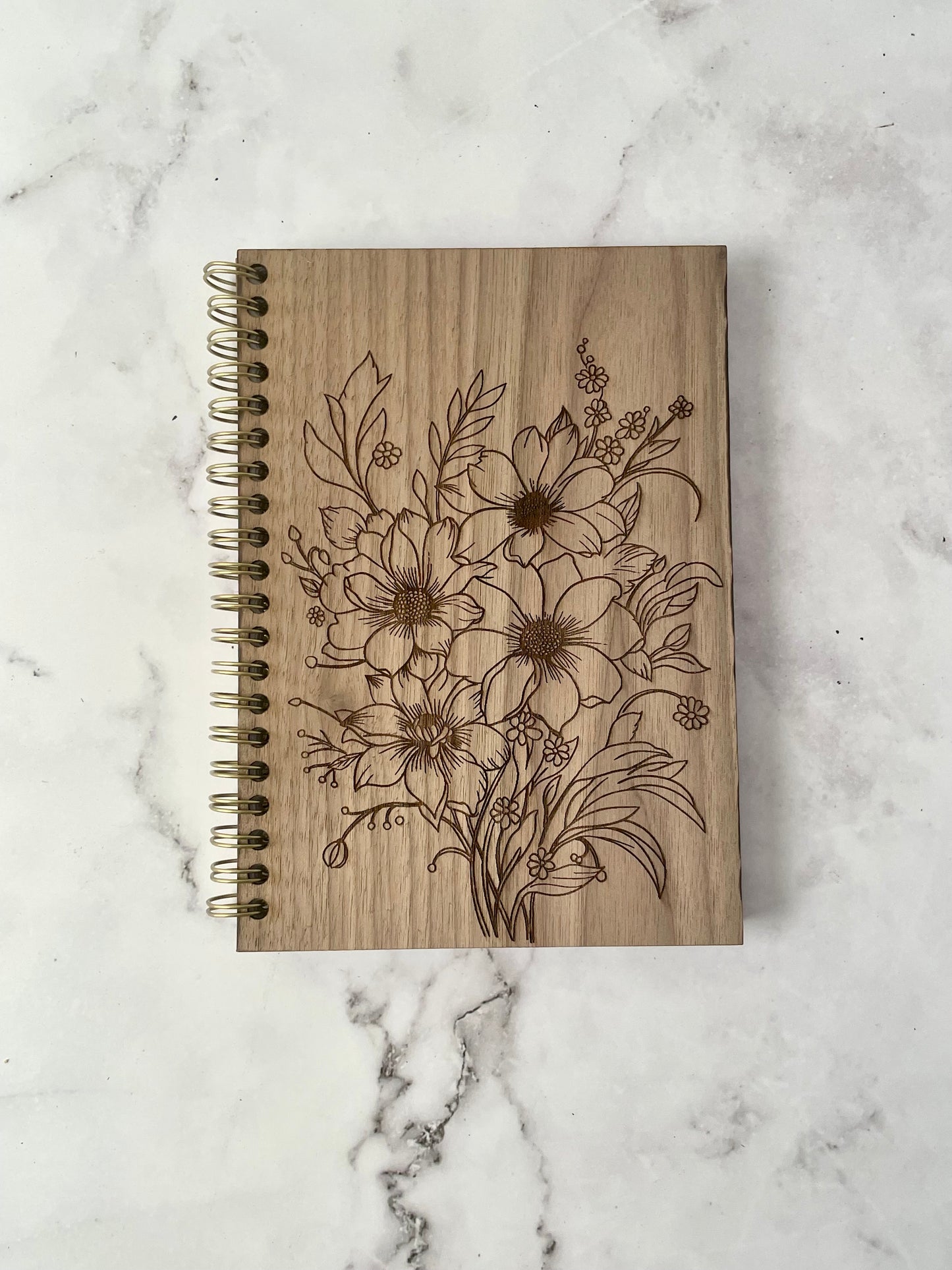 Handcrafted Solid Walnut Wood Cover Spiral Notebook with Floral Drawing 5x7 100 sheet