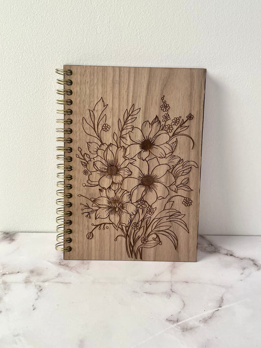 Handcrafted Solid Walnut Wood Cover Spiral Notebook with Floral Drawing 5x7 100 sheet