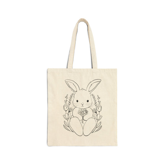 Easter Bunny Cotton Canvas Tote Bag - Cute Floral Design