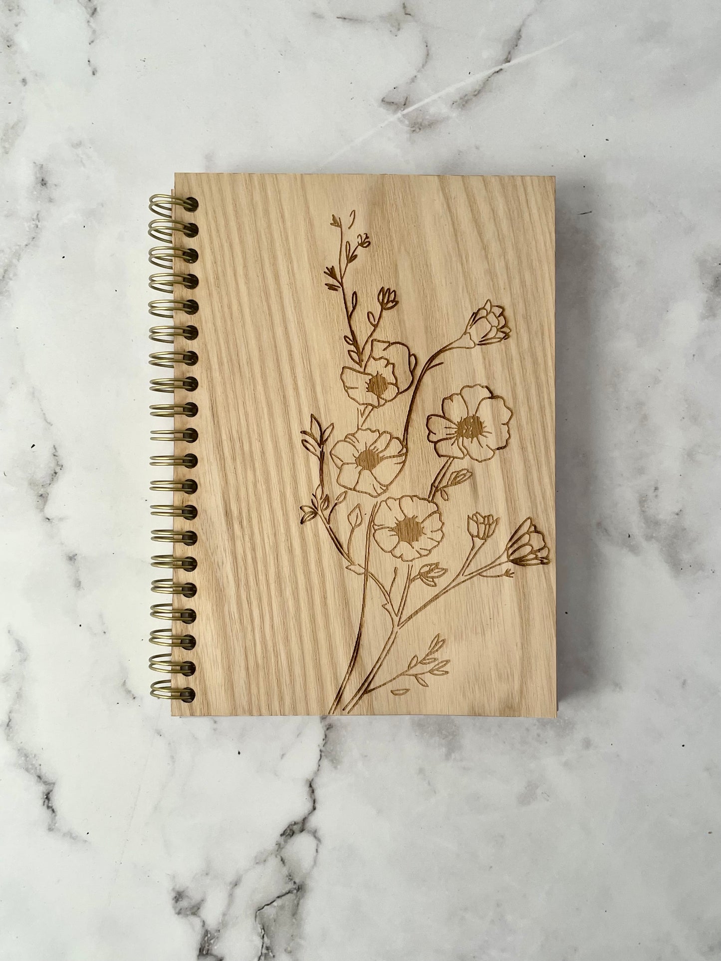 Handcrafted Solid Alder Wood Cover Spiral Notebook with Floral Drawing, 5x7, 100 Sheets