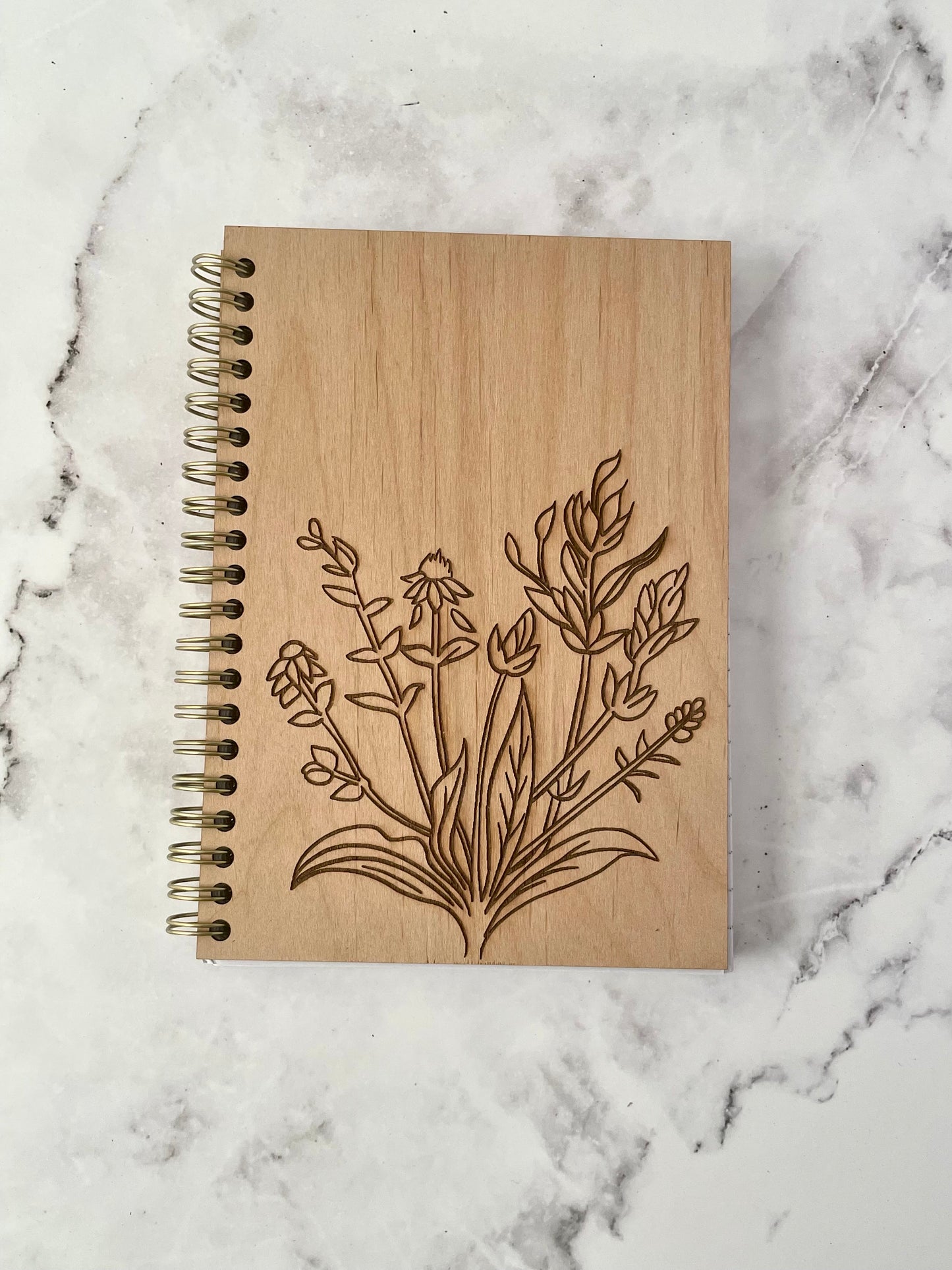 Handcrafted Solid Ash Wood Cover Spiral Notebook with Floral Drawing 5x7 100 sheet