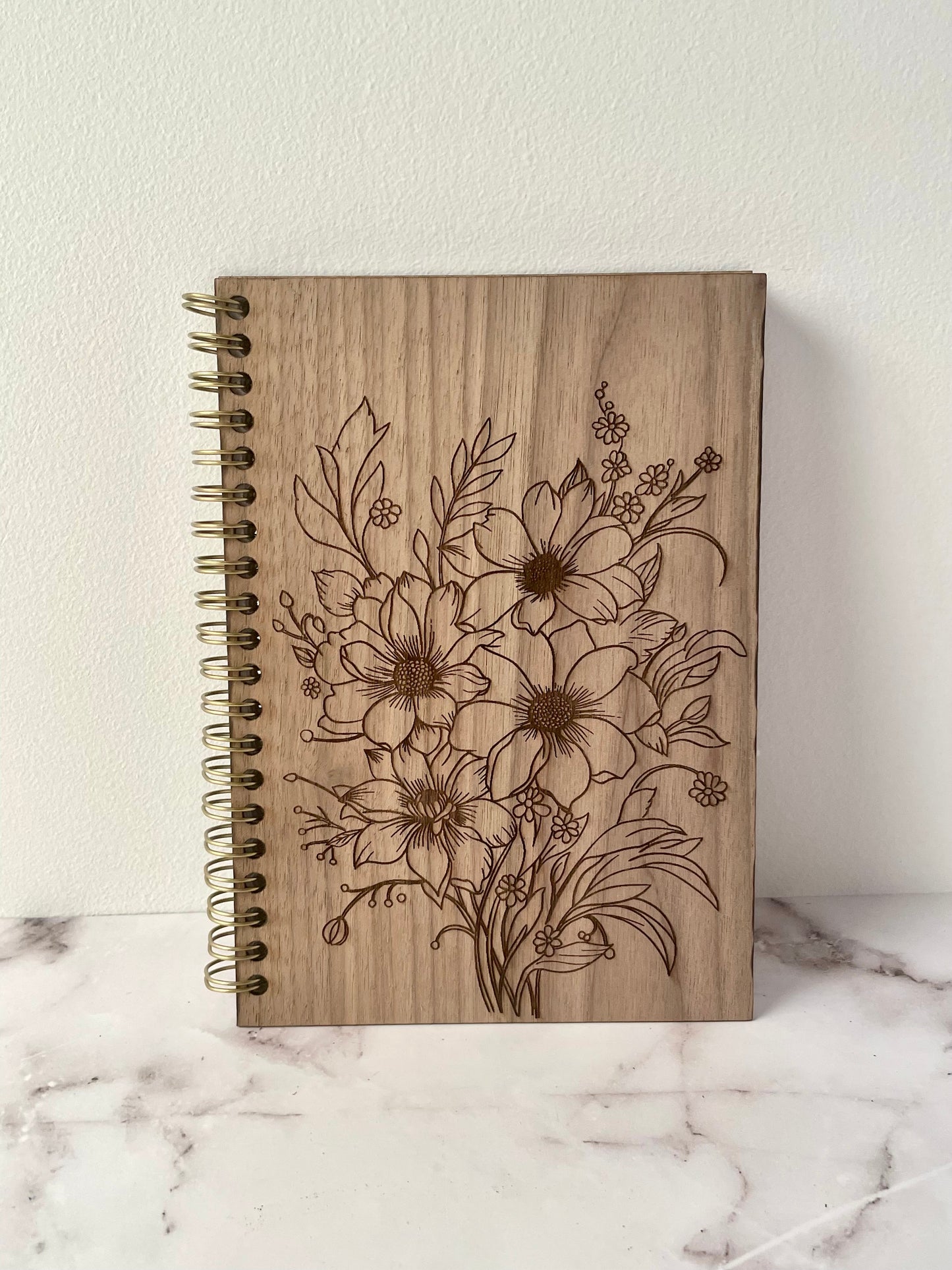 Handcrafted Solid Walnut Wood Cover Spiral Notebook with Floral Drawing 5x7 100 sheet