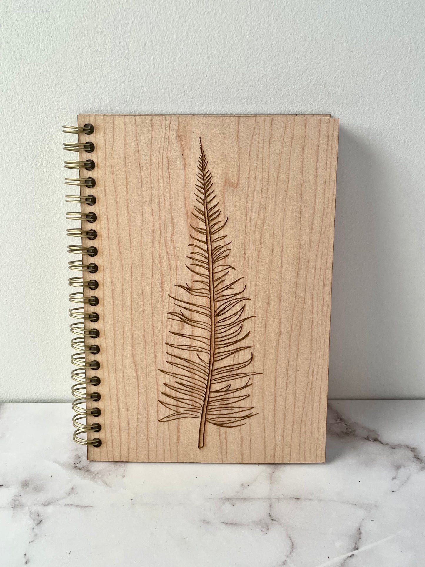 Handcrafted Solid Maple Wood Cover Spiral Notebook with Fern Drawing, 5x7, 100 Sheets