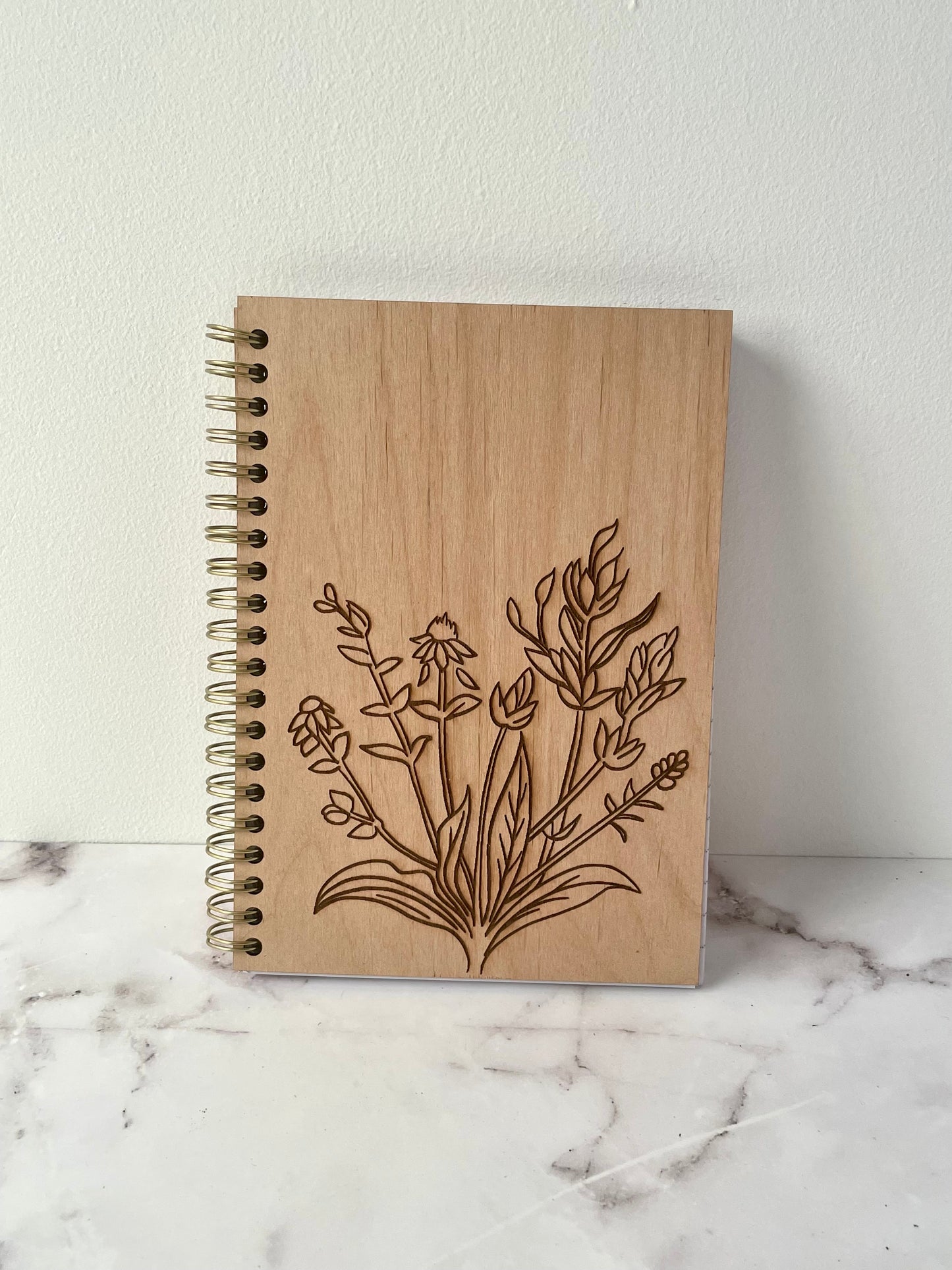 Handcrafted Solid Ash Wood Cover Spiral Notebook with Floral Drawing 5x7 100 sheet