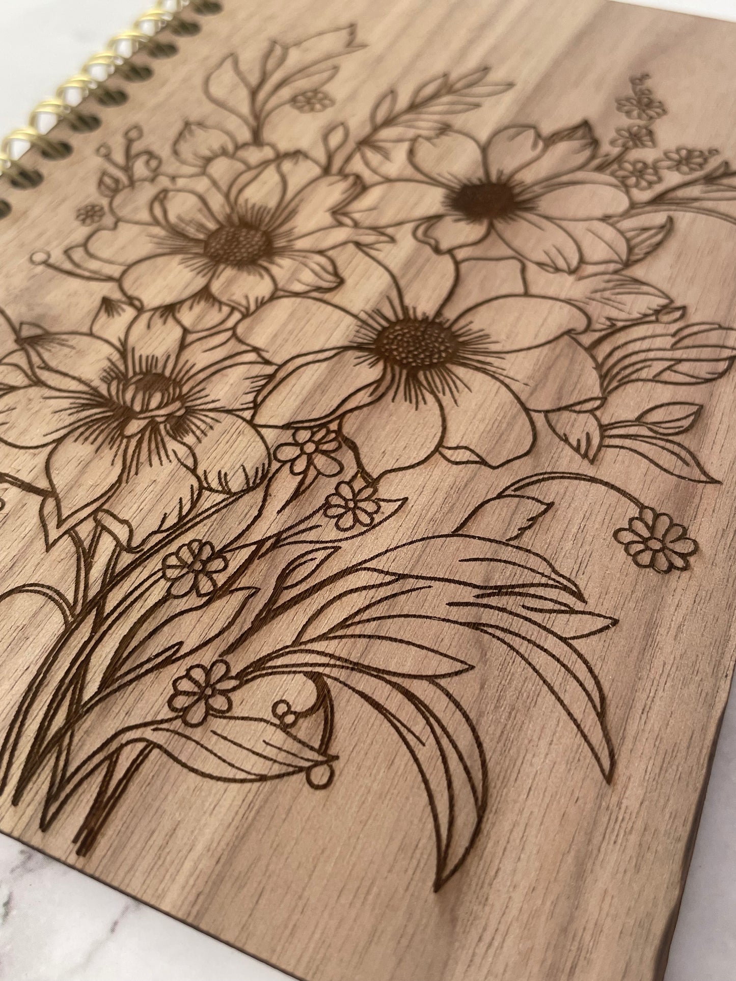 Handcrafted Solid Walnut Wood Cover Spiral Notebook with Floral Drawing 5x7 100 sheet