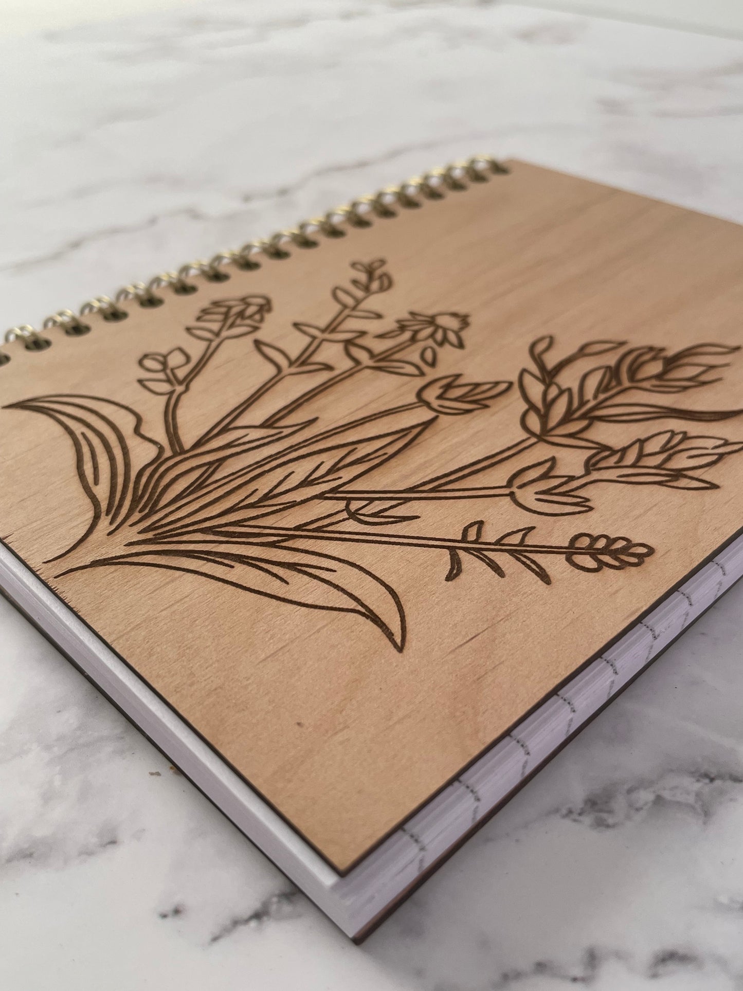 Handcrafted Solid Ash Wood Cover Spiral Notebook with Floral Drawing 5x7 100 sheet