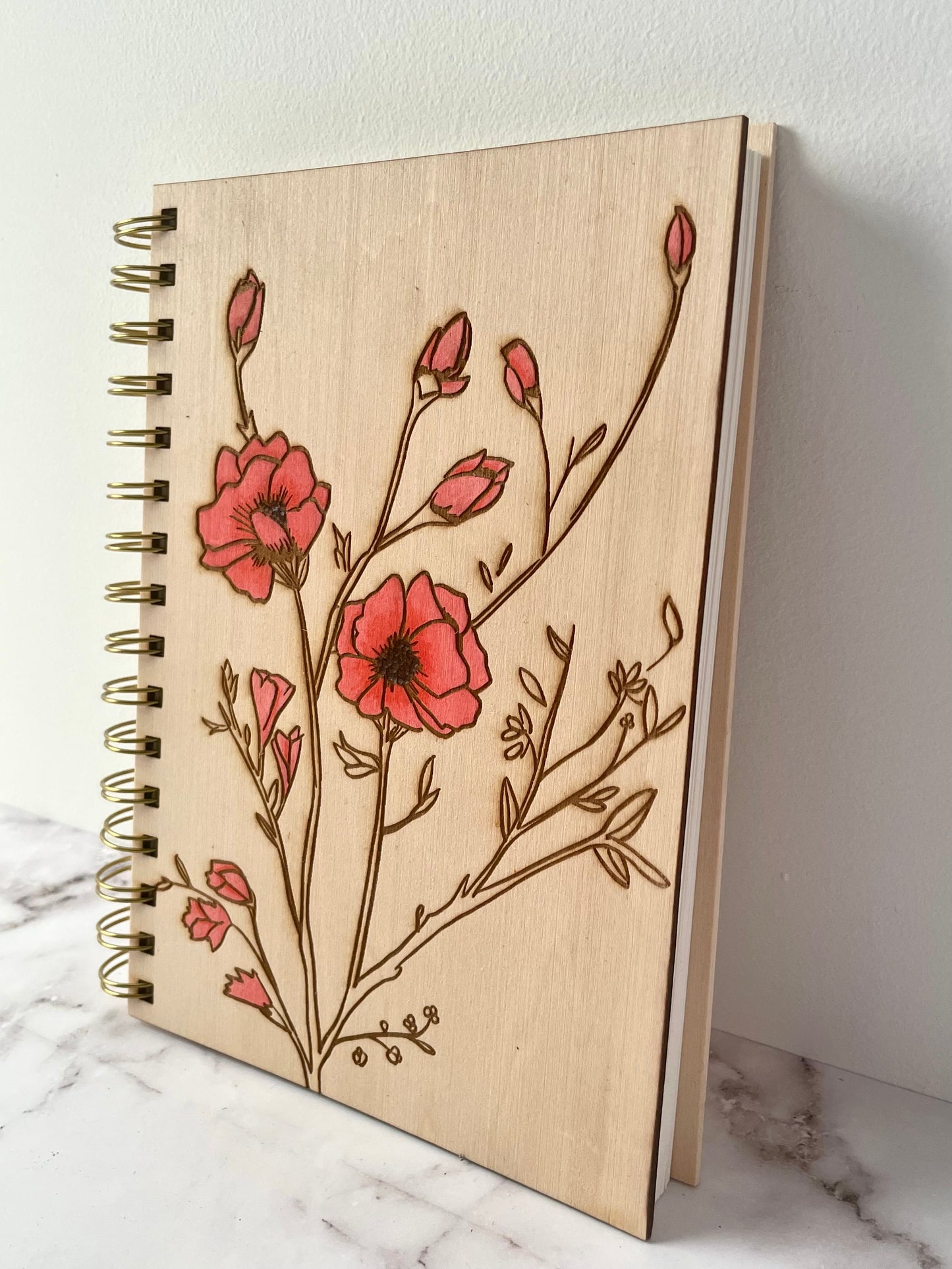 Handcrafted Maple Cover Spiral Notebook with Floral Drawing, 6x8 250 Sheets