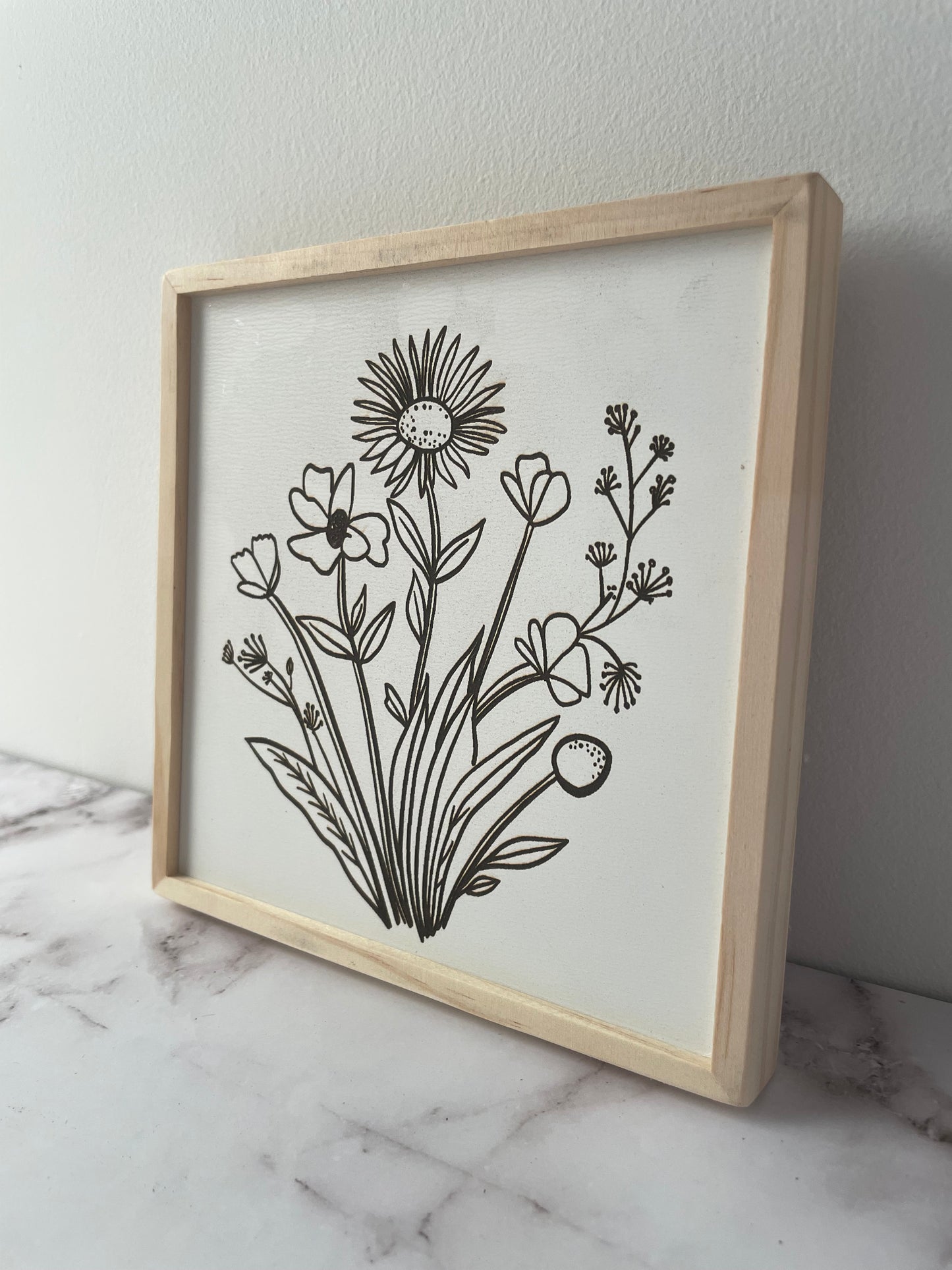 5x5 Botanical Floral Engraved Wooden Frame Canvas Art