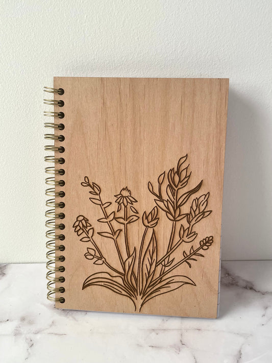 Handcrafted Solid Ash Wood Cover Spiral Notebook with Floral Drawing 5x7 100 sheet