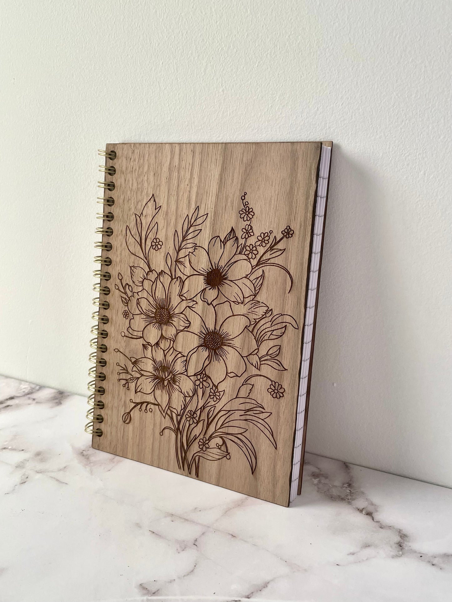 Handcrafted Solid Walnut Wood Cover Spiral Notebook with Floral Drawing 5x7 100 sheet