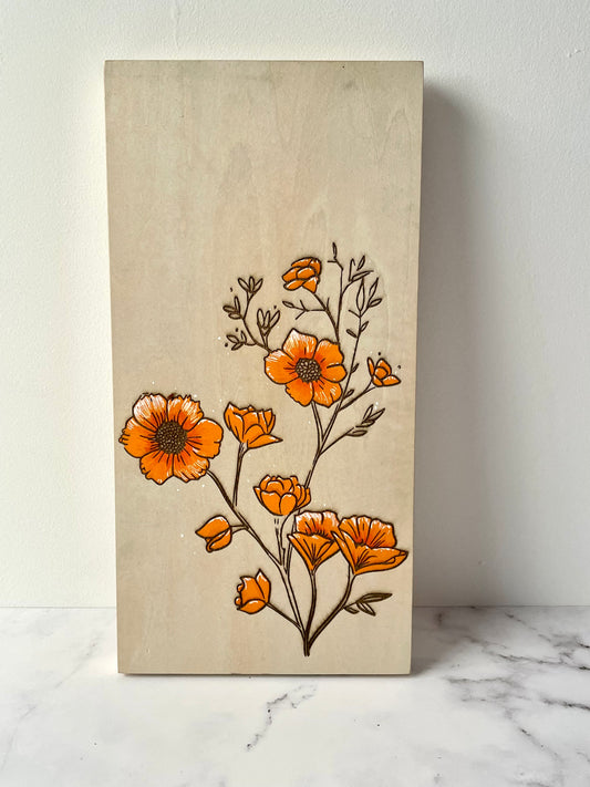 Orange Floral Wall Art: Hand-Painted & Engraved Wooden Canvas