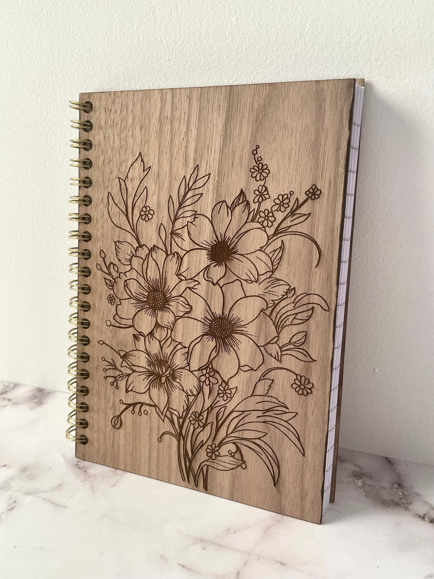 Handcrafted Solid Walnut Wood Cover Spiral Notebook with Floral Drawing 5x7 100 sheet