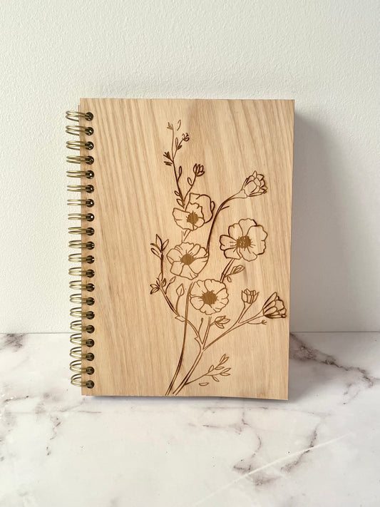 Handcrafted Solid Alder Wood Cover Spiral Notebook with Floral Drawing, 5x7, 100 Sheets