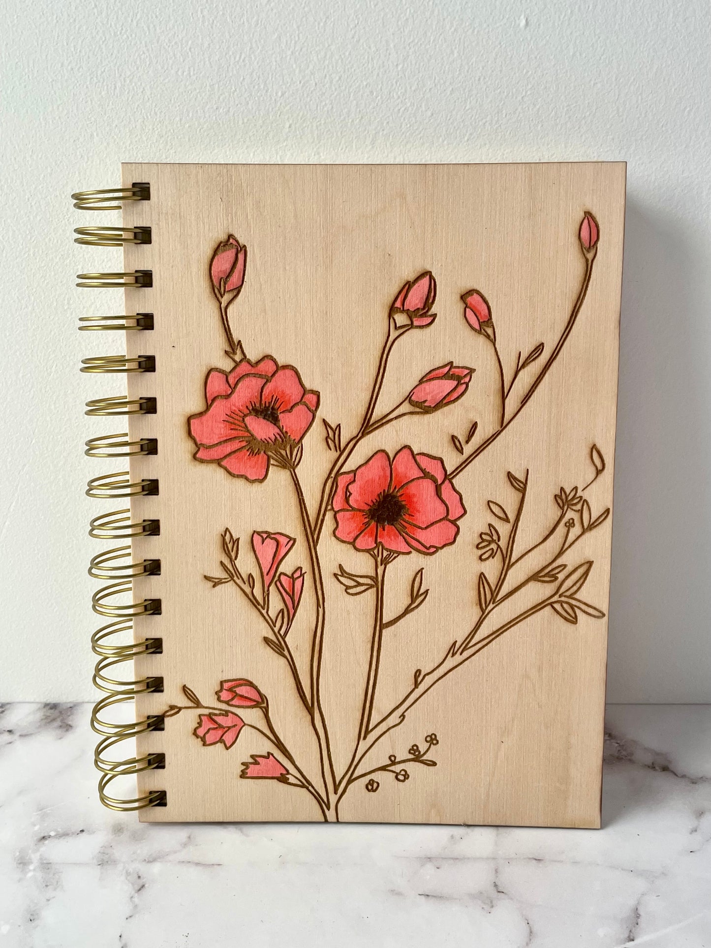 Handcrafted Maple Cover Spiral Notebook with Floral Drawing, 6x8 250 Sheets