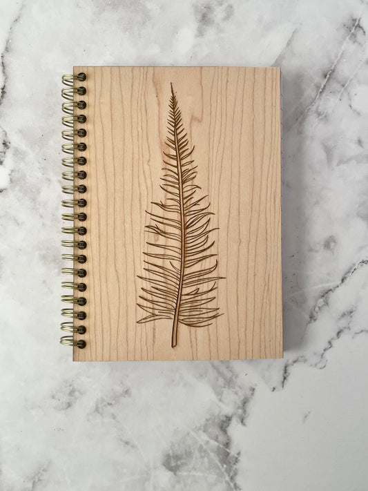 Handcrafted Solid Maple Wood Cover Spiral Notebook with Fern Drawing, 5x7, 100 Sheets